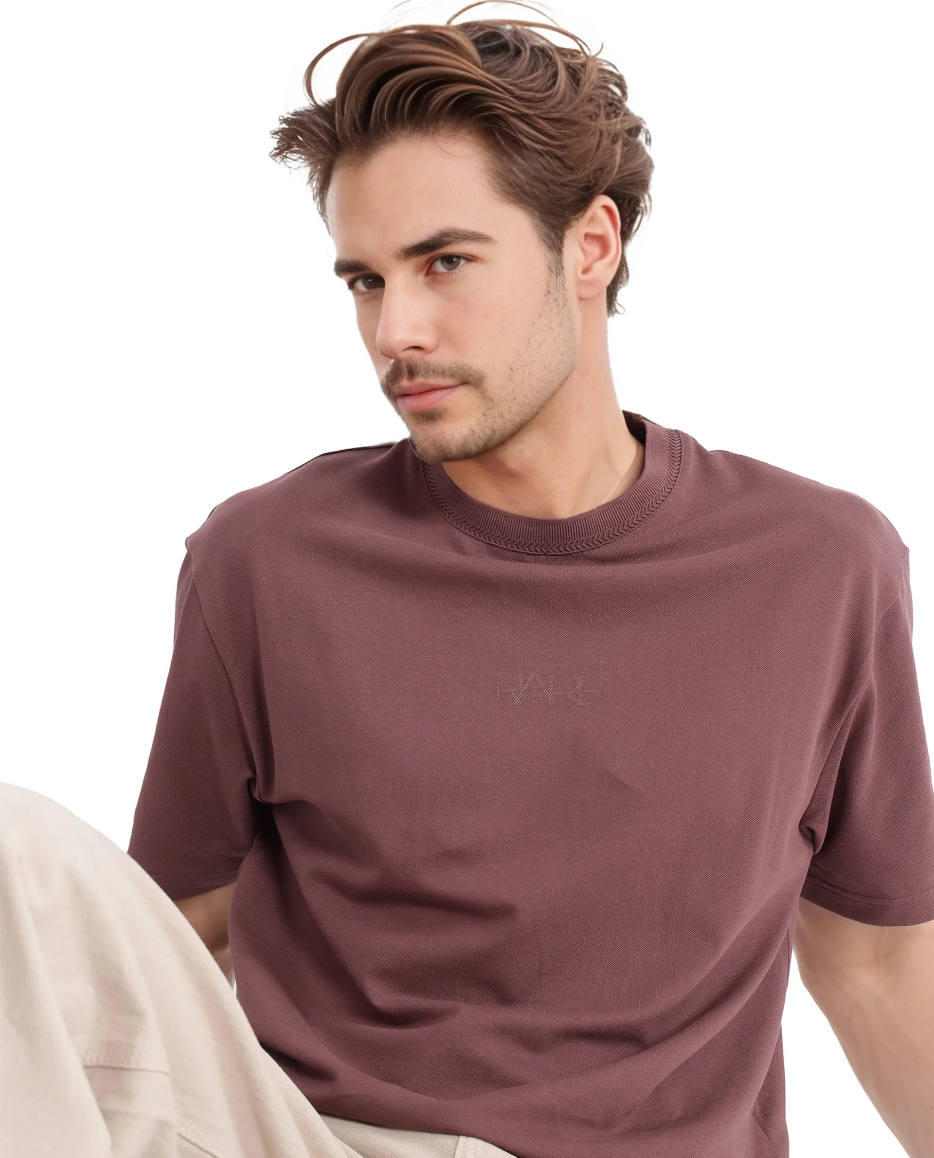 Rare Rabbit Men's Heros-2 Dusky Maroon Cotton Lycra Fabric Short Sleeve Crew Neck Oversized Fit Plain T-Shirt