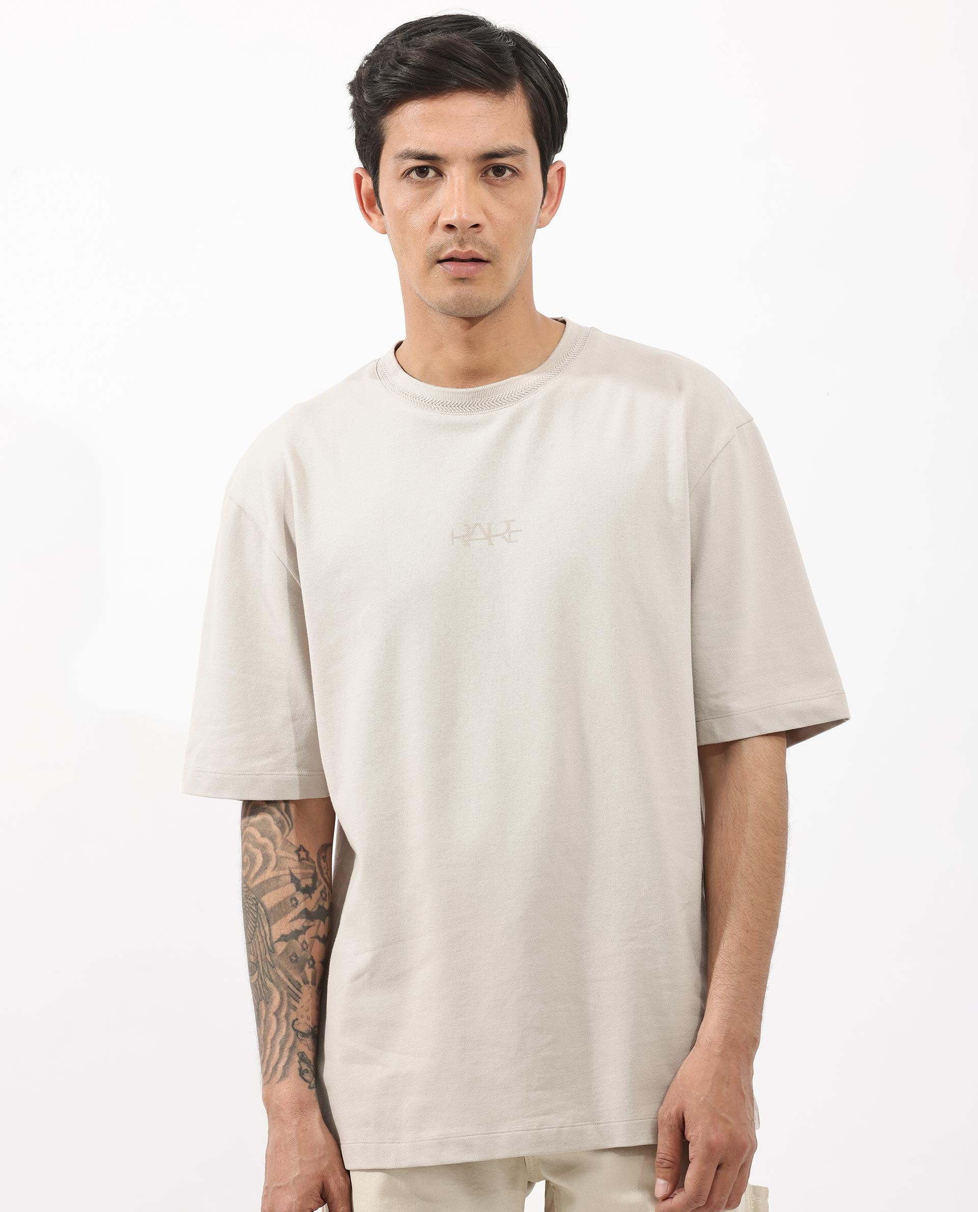 Rare Rabbit Mens Heros Beige Cotton Lycra Fabric Blend Drop Shoulder Short Sleeve Oversized Fit Solid T-Shirt