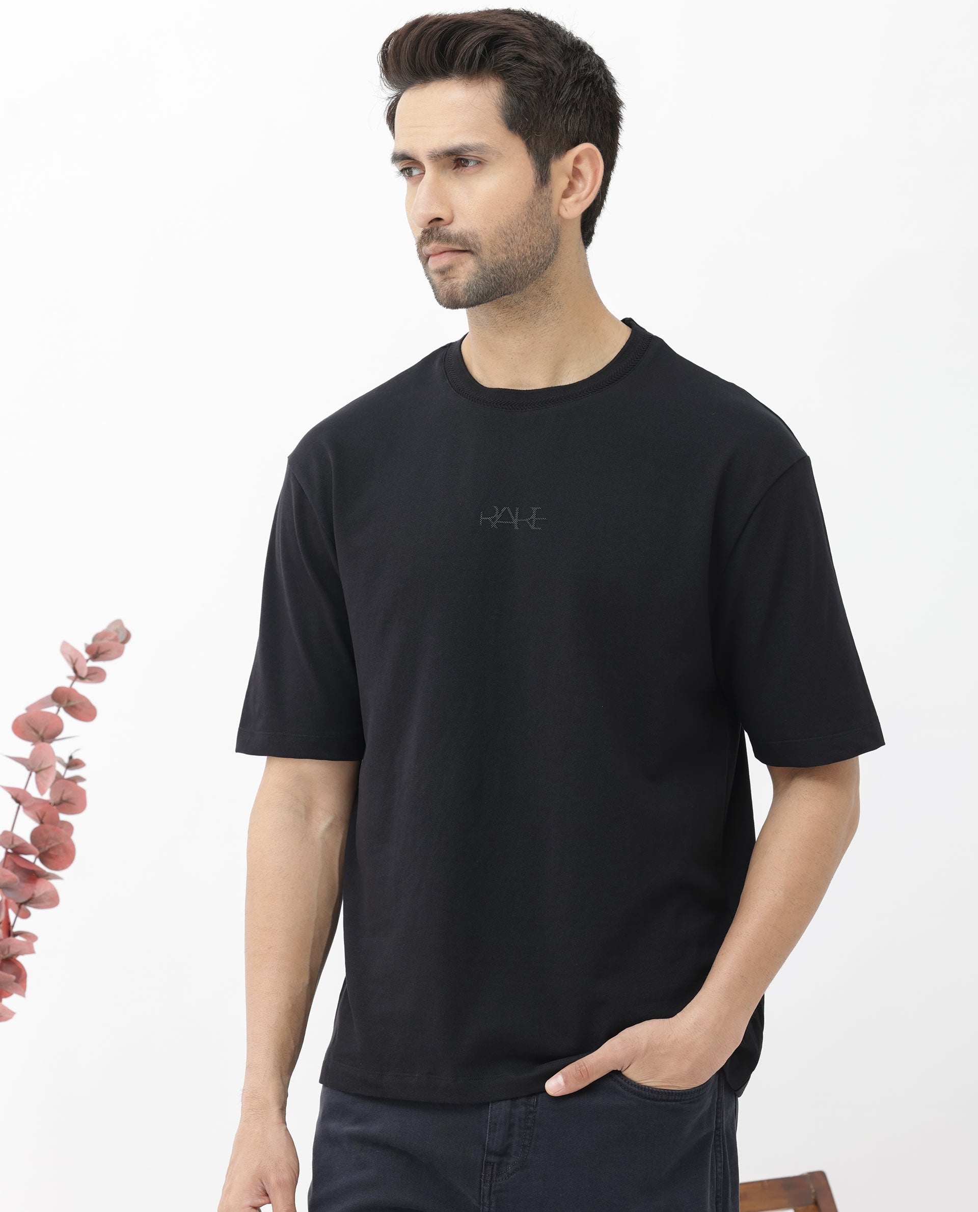 Rare Rabbit Mens Heros Black Cotton Lycra Fabric Blend Drop Shoulder Short Sleeve Oversized Fit Solid T-Shirt