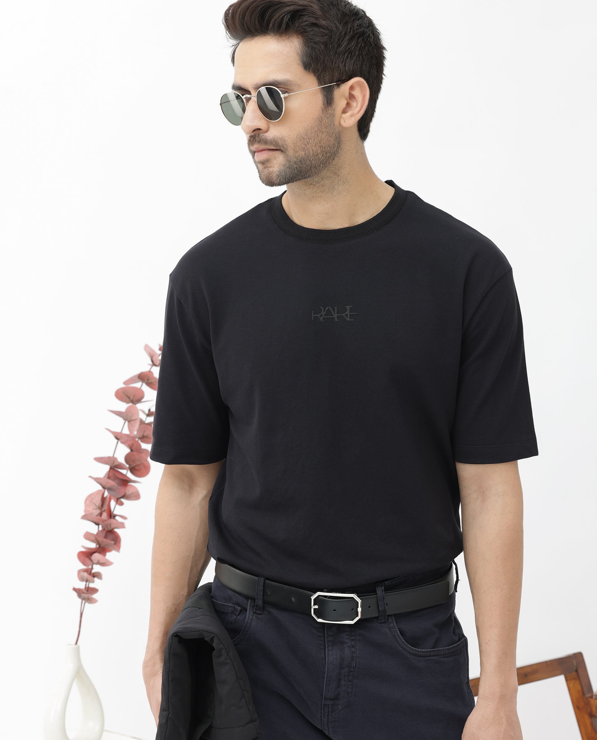 Rare Rabbit Mens Heros Black Cotton Lycra Fabric Blend Drop Shoulder Short Sleeve Oversized Fit Solid T-Shirt