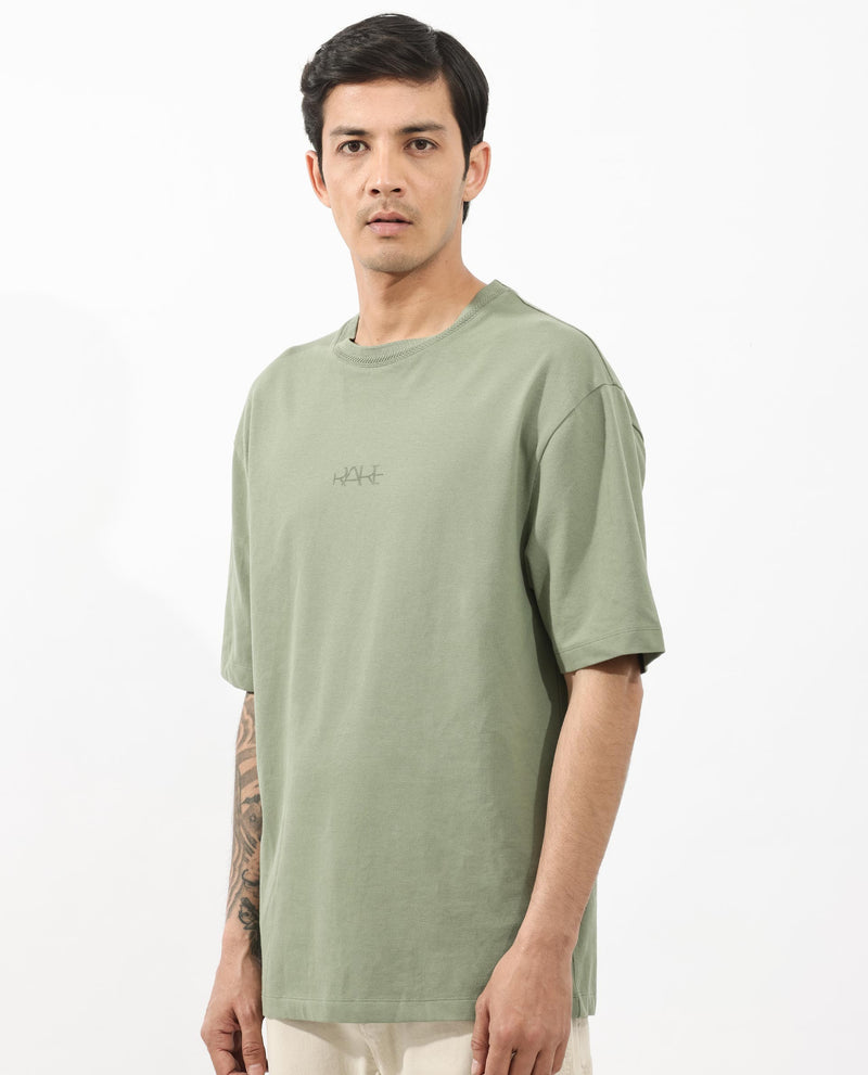Rare Rabbit Mens Heros Dusky Green Cotton Lycra Fabric Blend Drop Shoulder Short Sleeve Oversized Fit Solid T-Shirt