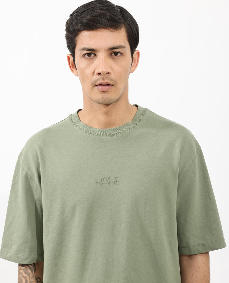 Rare Rabbit Mens Heros Dusky Green Cotton Lycra Fabric Blend Drop Shoulder Short Sleeve Oversized Fit Solid T-Shirt