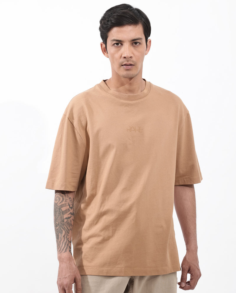 Rare Rabbit Mens Heros Dusky Orange Cotton Lycra Fabric Blend Drop Shoulder Short Sleeve Oversized Fit Solid T-Shirt