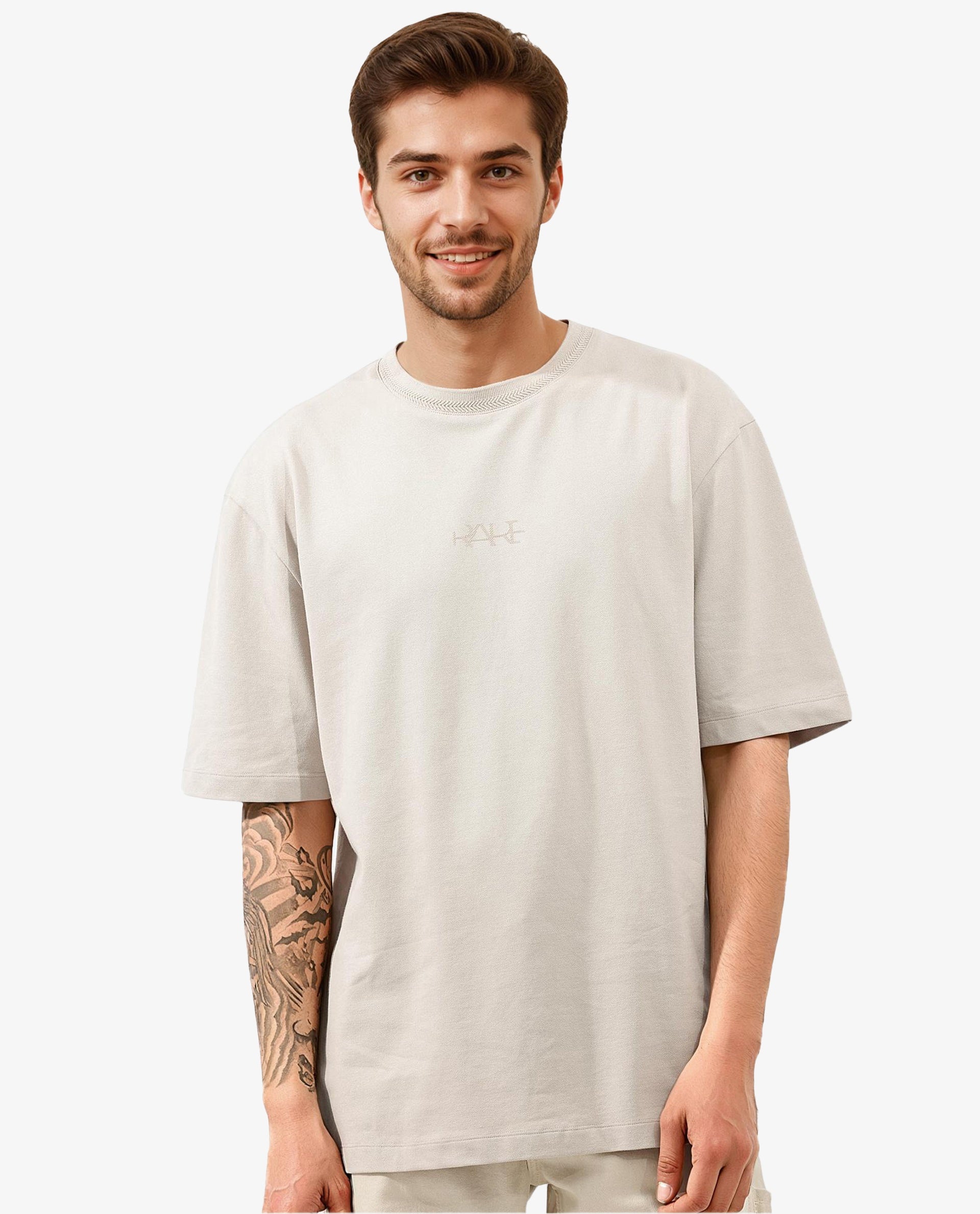 Rare Rabbit Mens Heros Beige Cotton Lycra Fabric Blend Drop Shoulder Short Sleeve Oversized Fit Solid T-Shirt