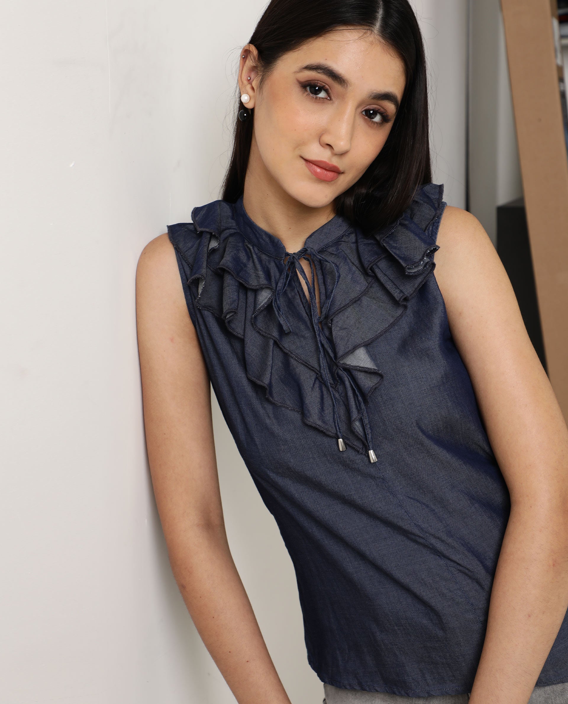 Rareism Women Cage Navy Tencel Fabric Tailored Fit Key Hole Neck Sleeveless Solid Top