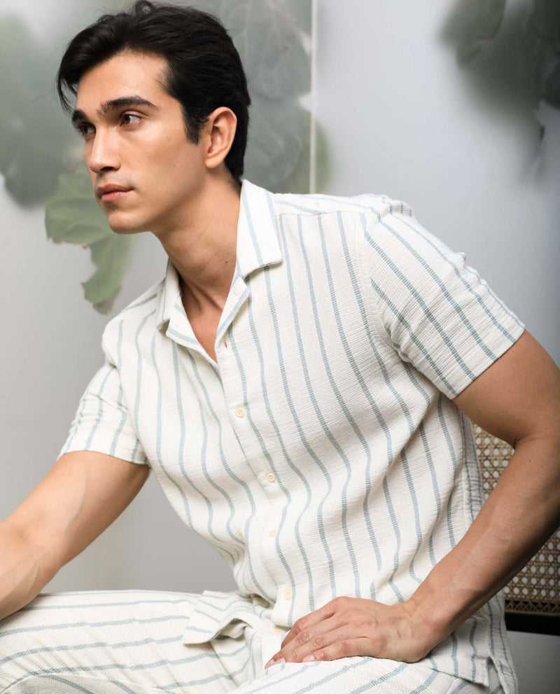 Rare Rabbit Men's Nanos Off White Cotton Fabric Cuban Collar Half Sleeves Loosely Knit Stripe Shirt