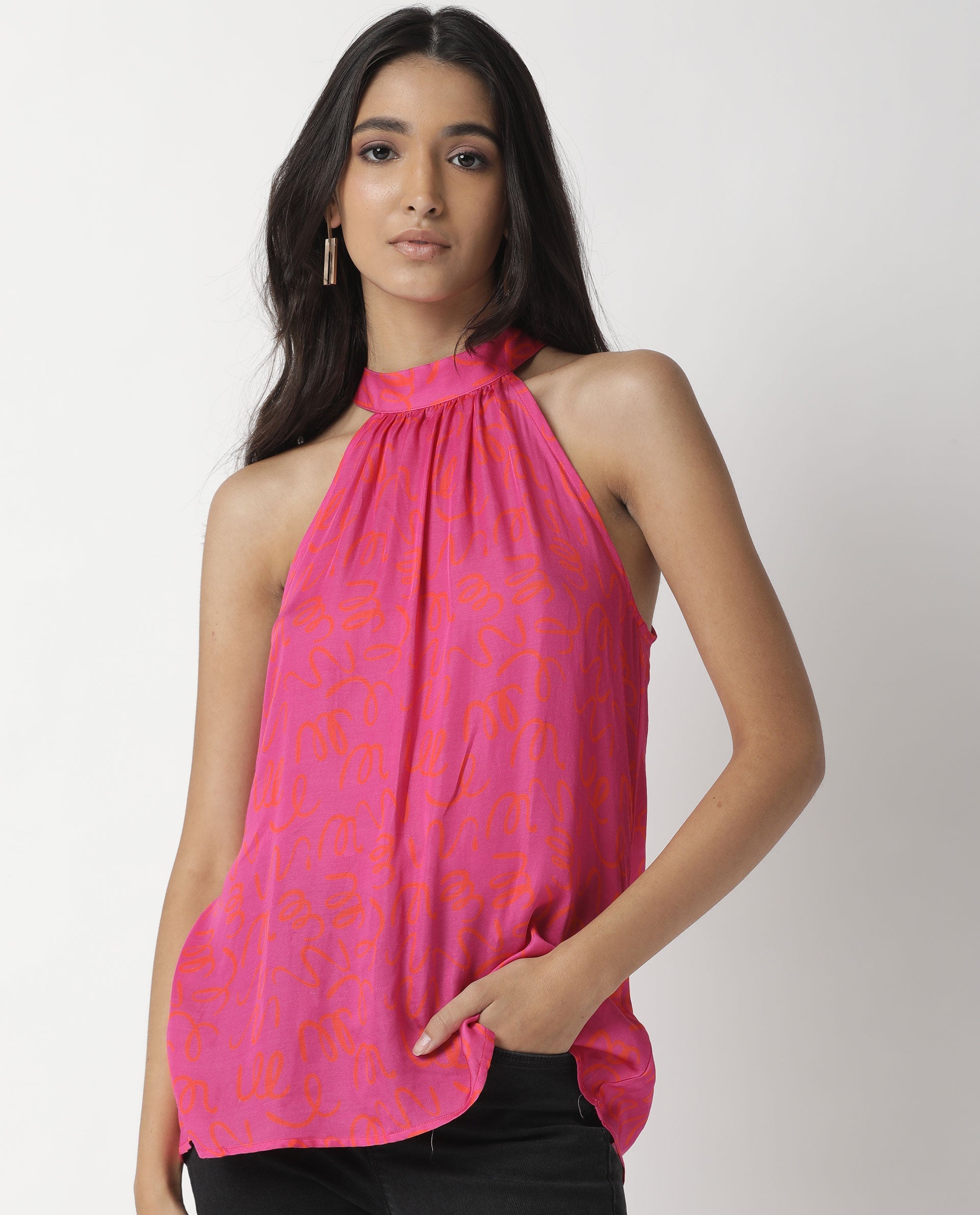 Rareism Womens Meet Pink Top Modal Fabric Regular Fit Sleeveless Halter Neck