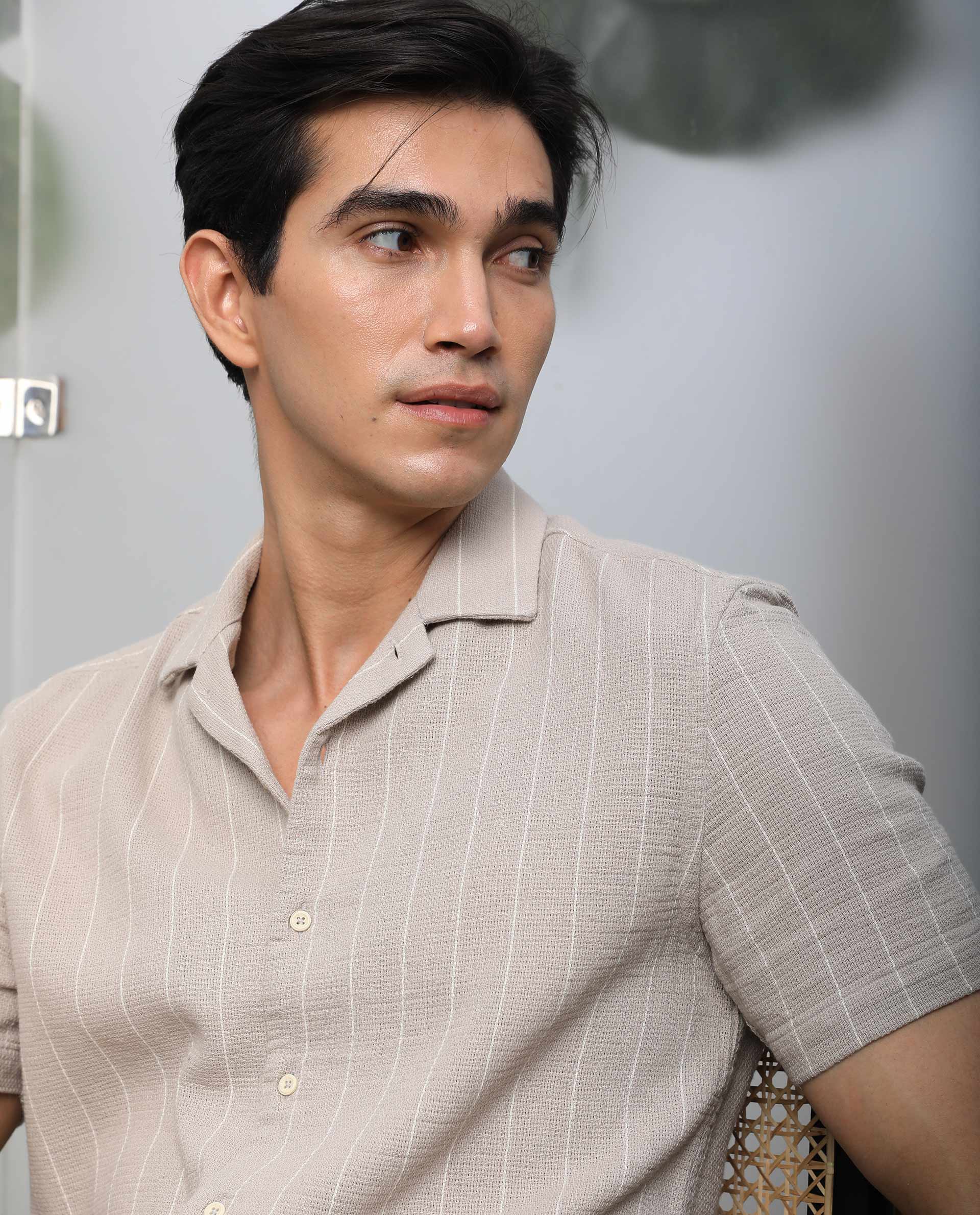 Rare Rabbit Men's Nano Beige Cotton Fabric Cuban Collar Half Sleeves Loosely Knit Stripe Shirt