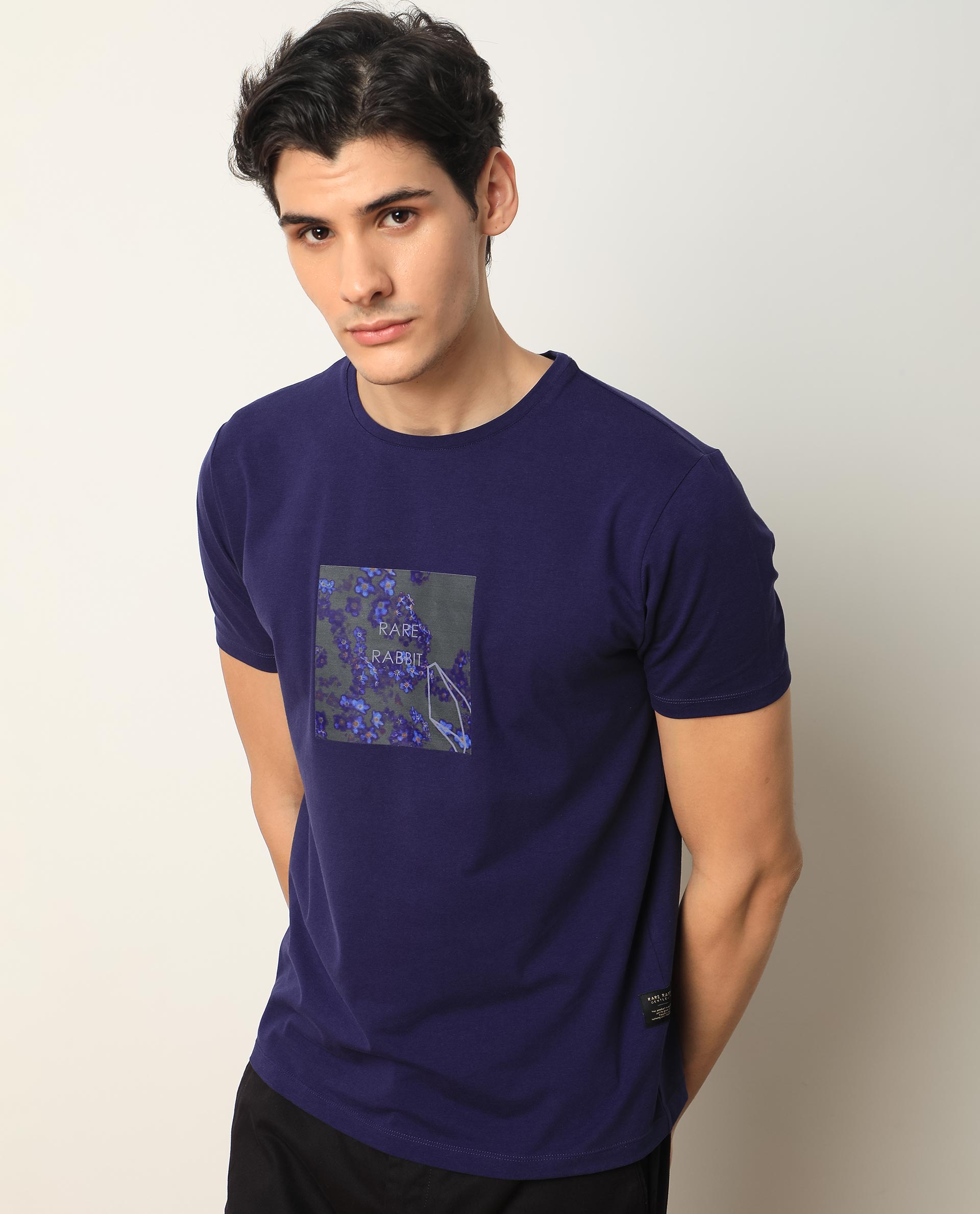 Rare Rabbit Men's Capri Purple Crew Neck Graphic Printed Half Sleeves Slim Fit T-Shirt