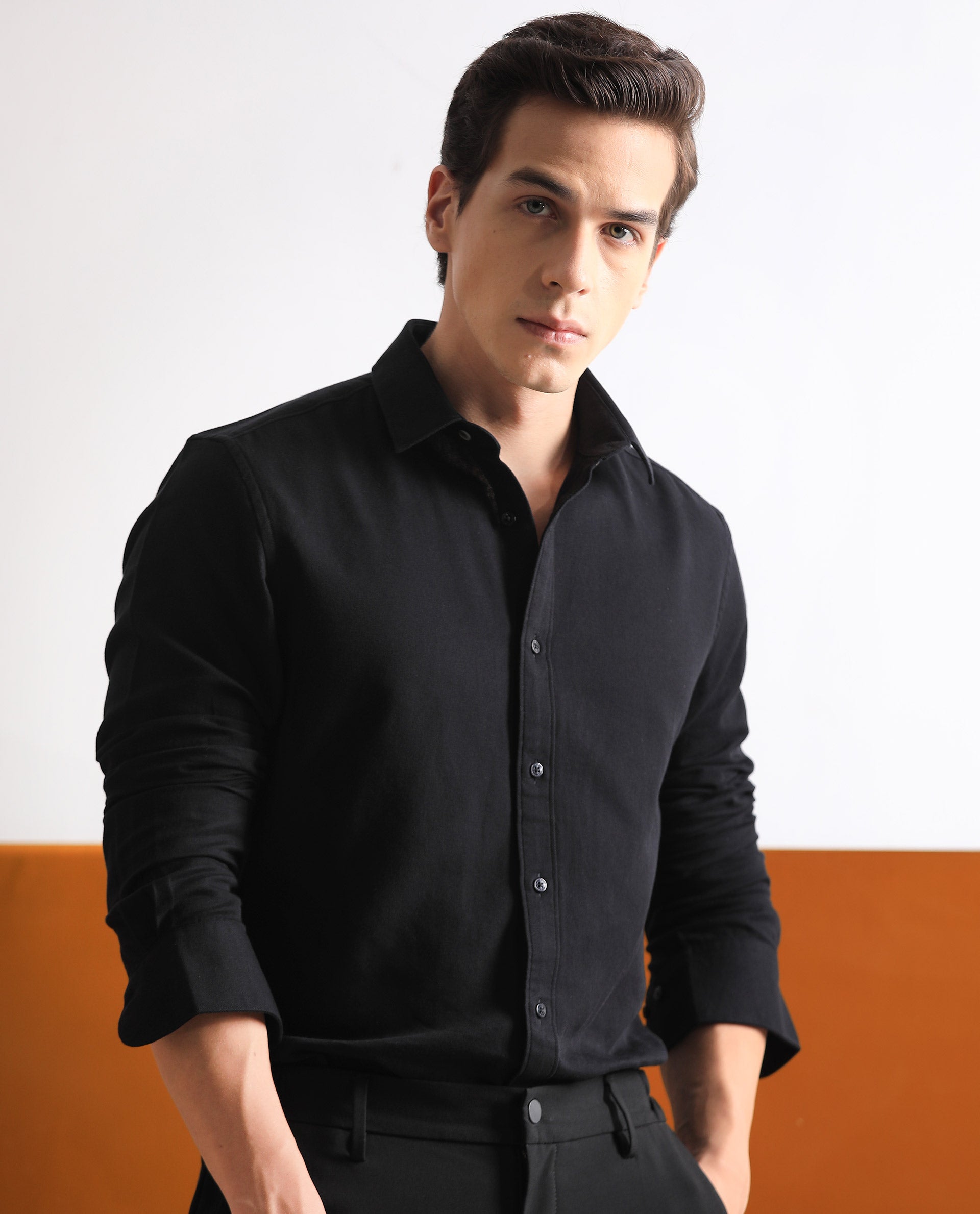 Rare Rabbit Mens Otago Black Cotton Fabric Full Sleeves Regular Fit Solid Shirt