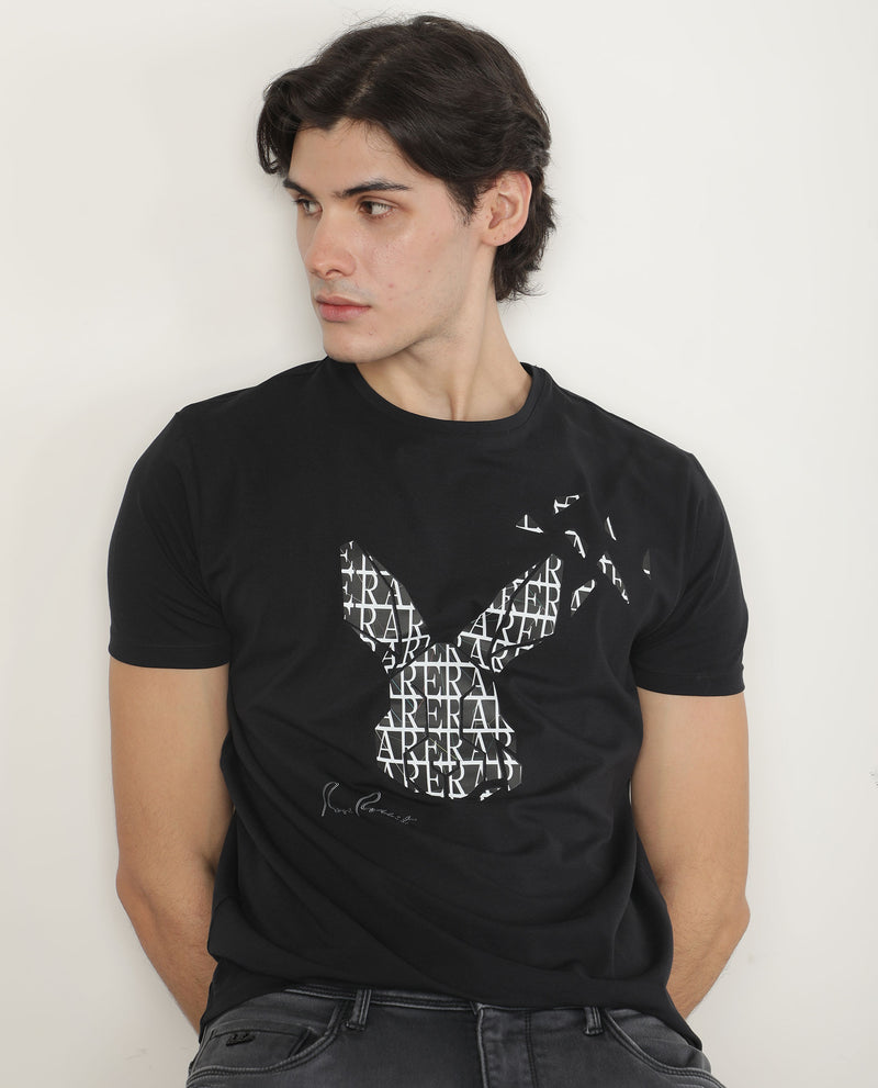 Rare Rabbit Men's Lassoo Grey Crew Neck Graphic Printed Half Sleeves Slim Fit T-Shirt