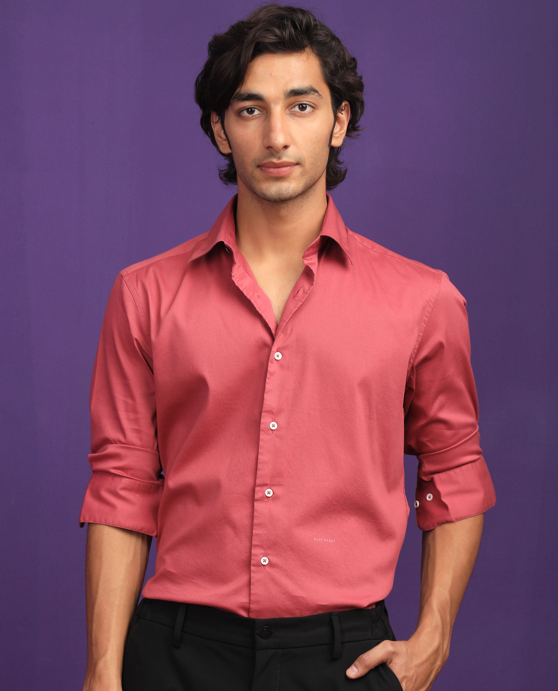 Rare Rabbit Mens Molde Dark Pink Cotton Fabric Full Sleeves Satin Shirt