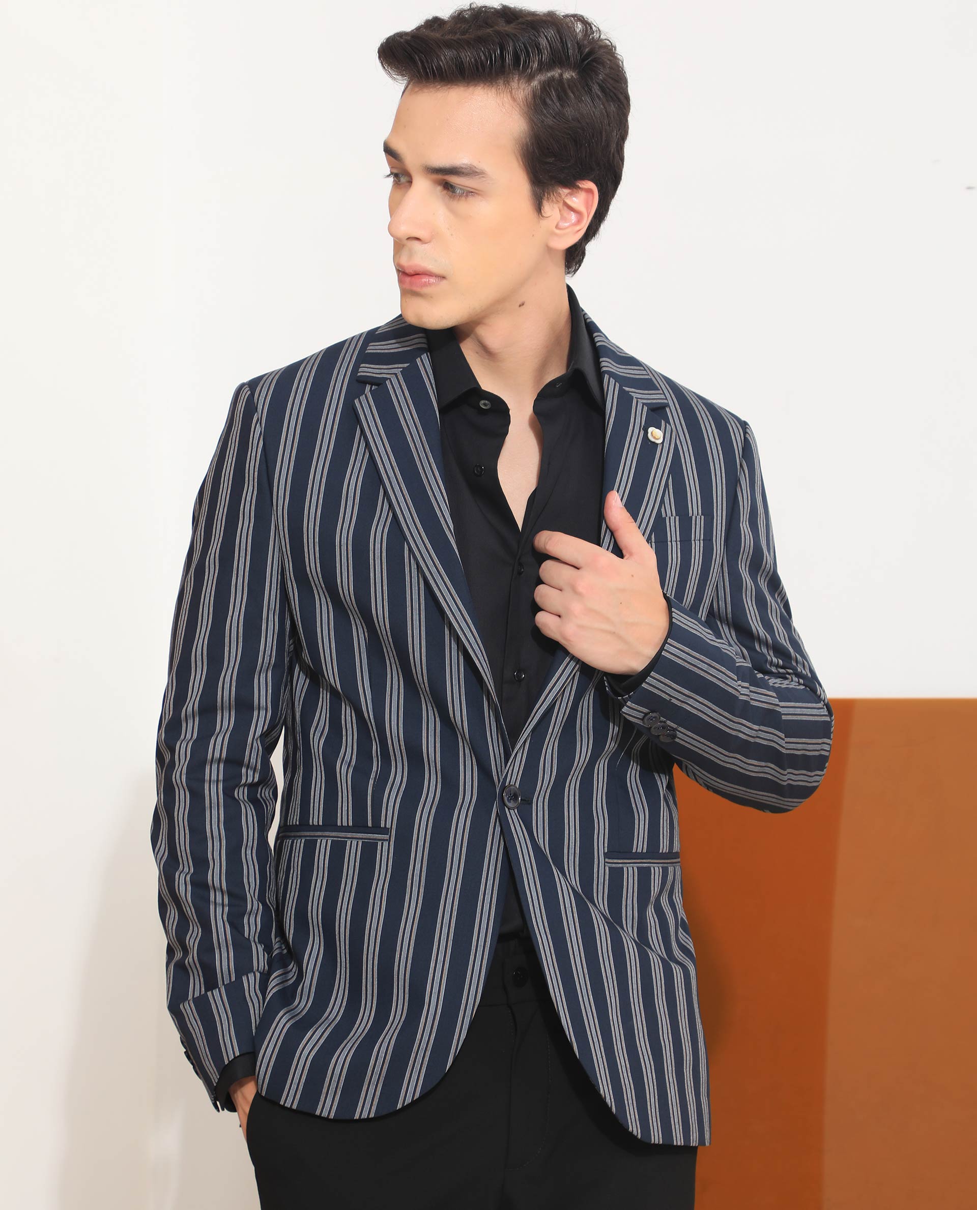 Rare Rabbit Men's Kano Navy Cotton Fabric Notch Lapel Single Breasted Tailored Fit Stripe Blazer