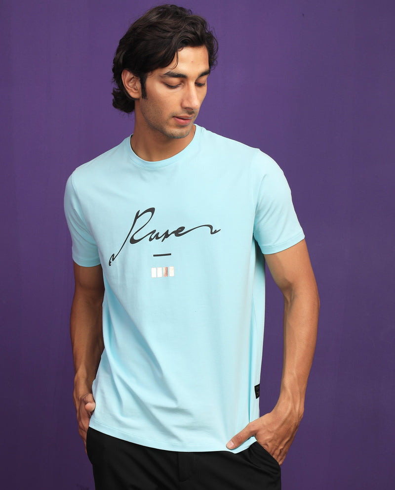 Rare Rabbit Men's Italicc Blue Crew Neck Branded Signature Half Sleeves Slim Fit T-Shirt