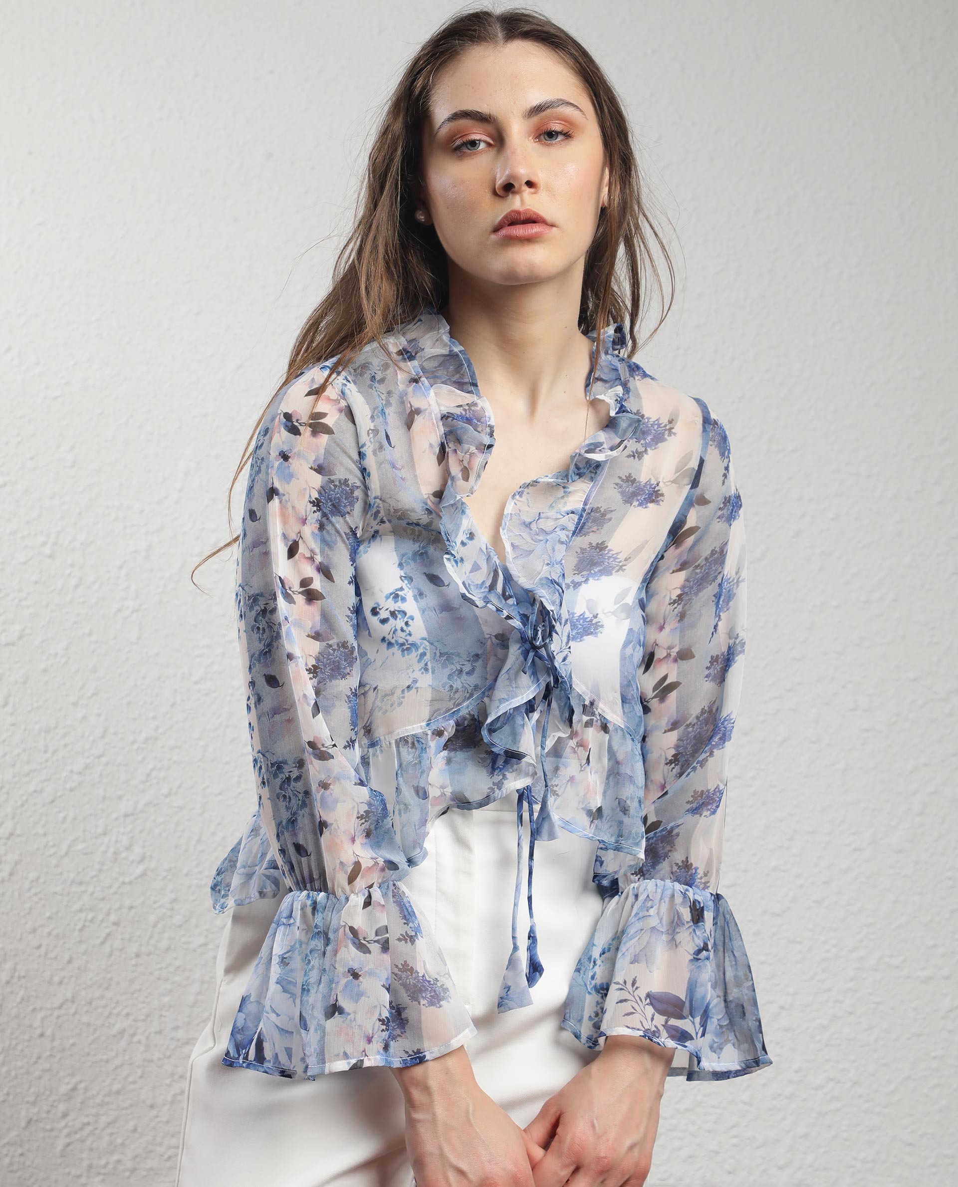 Rareism Women Julieta Light Blue Polyester Fabric Full Sleeves Drawstring Closure V-Neck Bell Sleeve Regular Fit Abstract Print Shrug