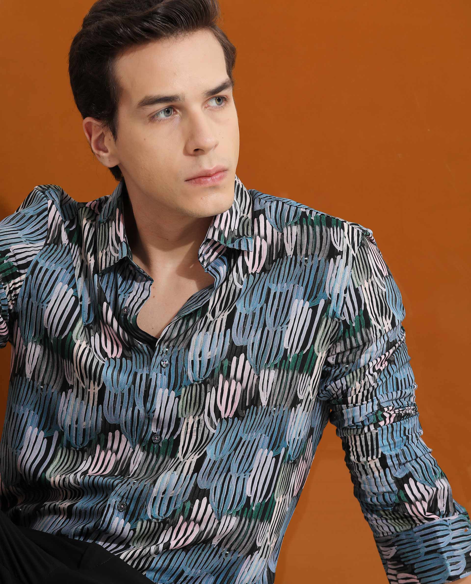 Rare Rabbit Men's Alvin Black Viscose Fabric Full Sleeves Abstract Print Regular Fit Shirt