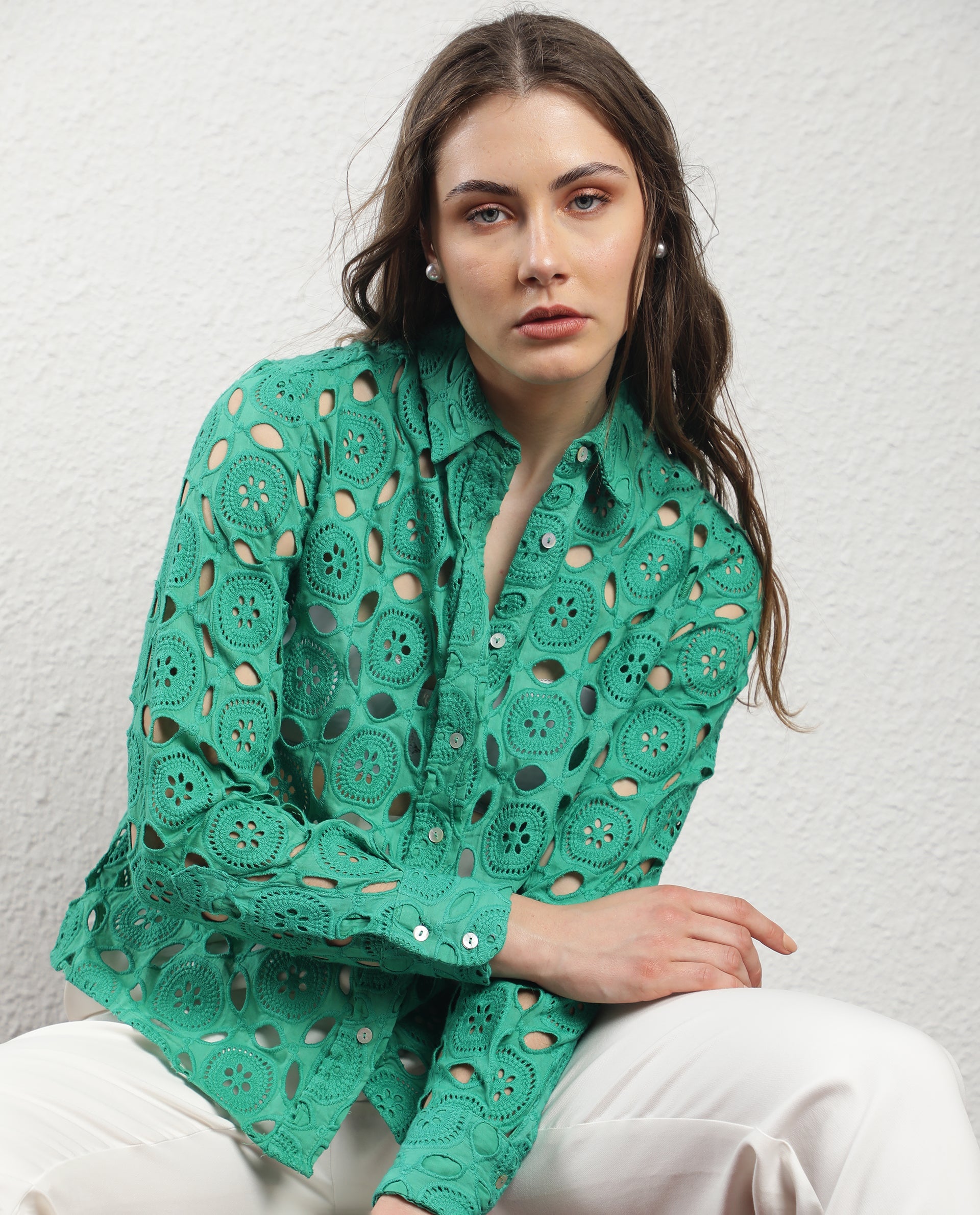 Rareism Women Olivia Green Top Cotton Fabric Full Sleeves Solid