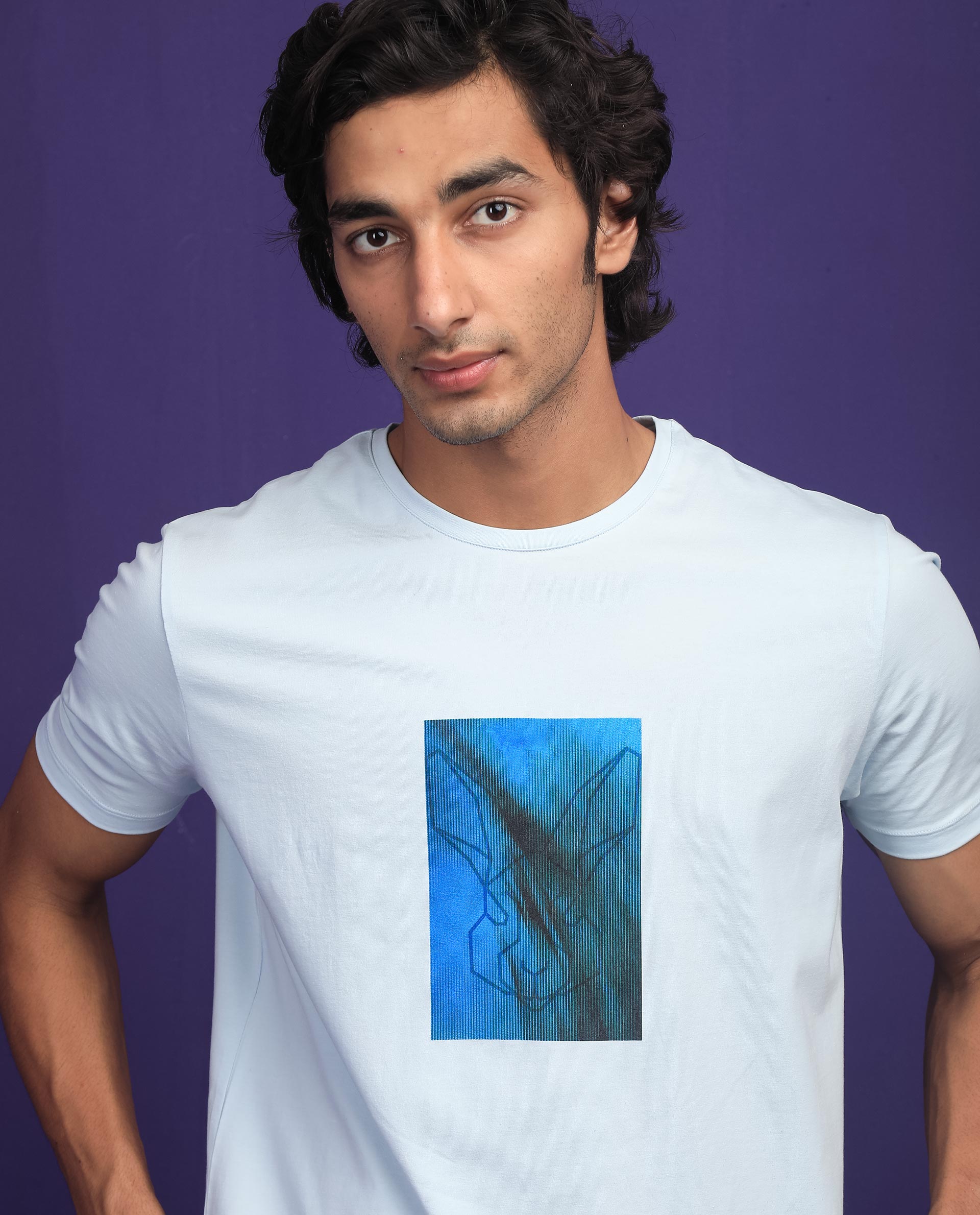 Rare Rabbit Men's Emine Light Blue Crew Neck Discharge Graphic Printed Half Sleeves Slim Fit T-Shirt