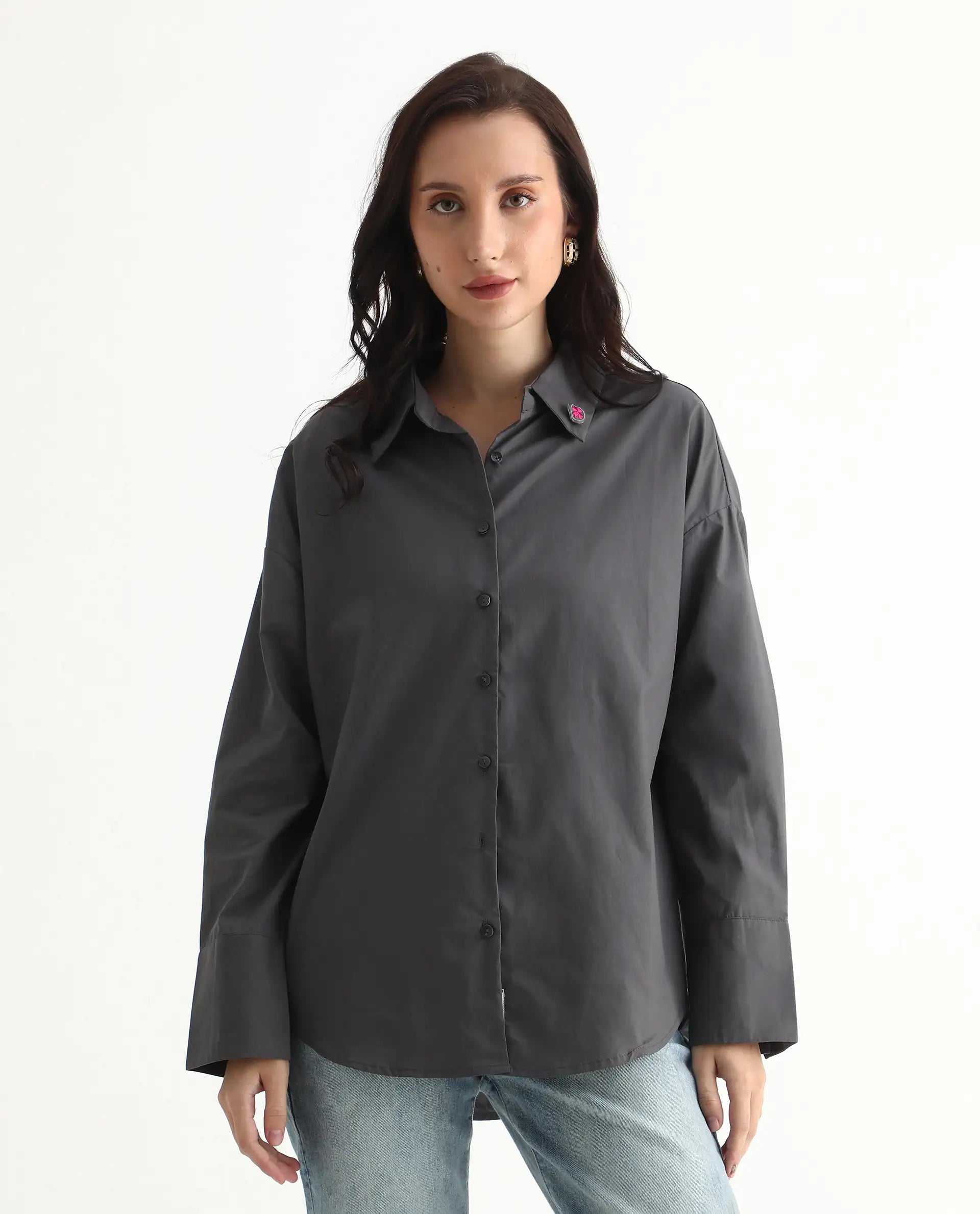 Rareism Women's Hertene Grey Cotton Drop Collar Plain Cuffed Sleeve Boxy Fit Shirt