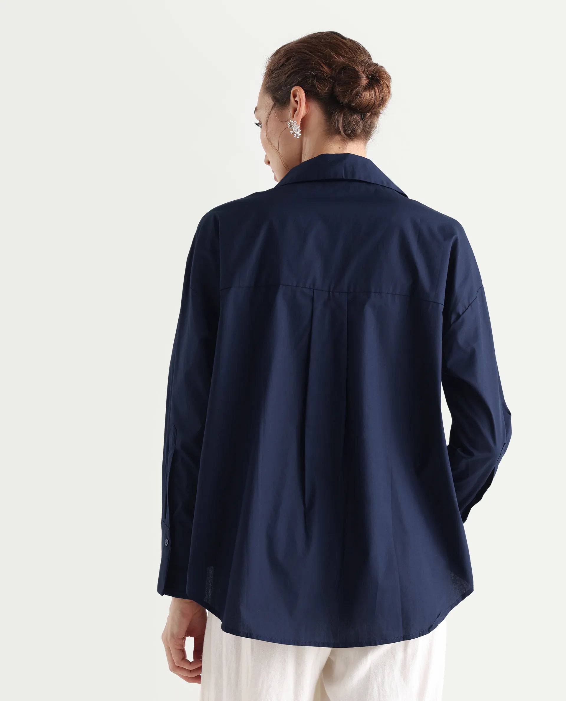 Rareism Women's Hertene Navy Cotton Drop Collar Plain Cuffed Sleeve Boxy Fit Shirt