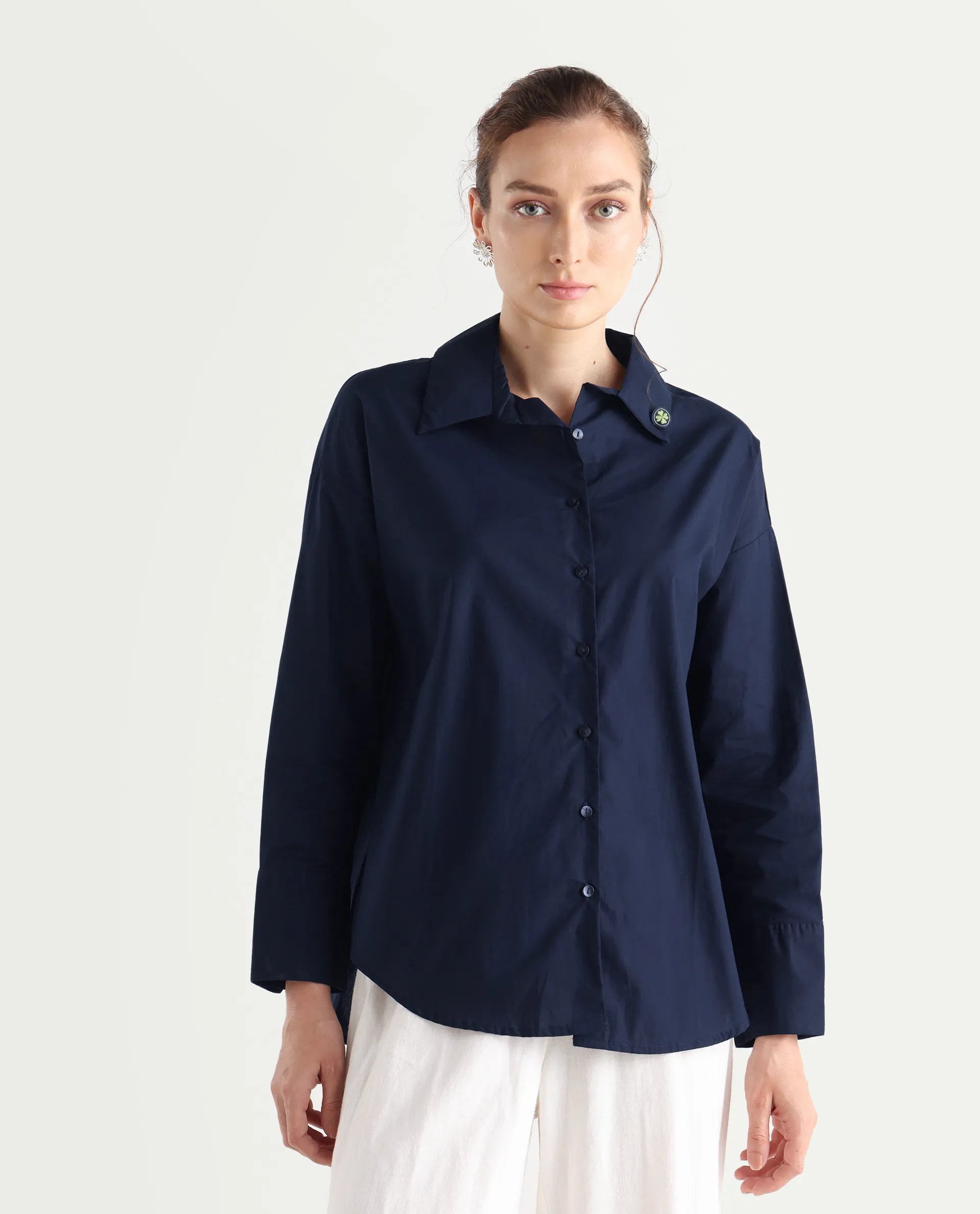 Rareism Women's Hertene Navy Cotton Drop Collar Plain Cuffed Sleeve Boxy Fit Shirt