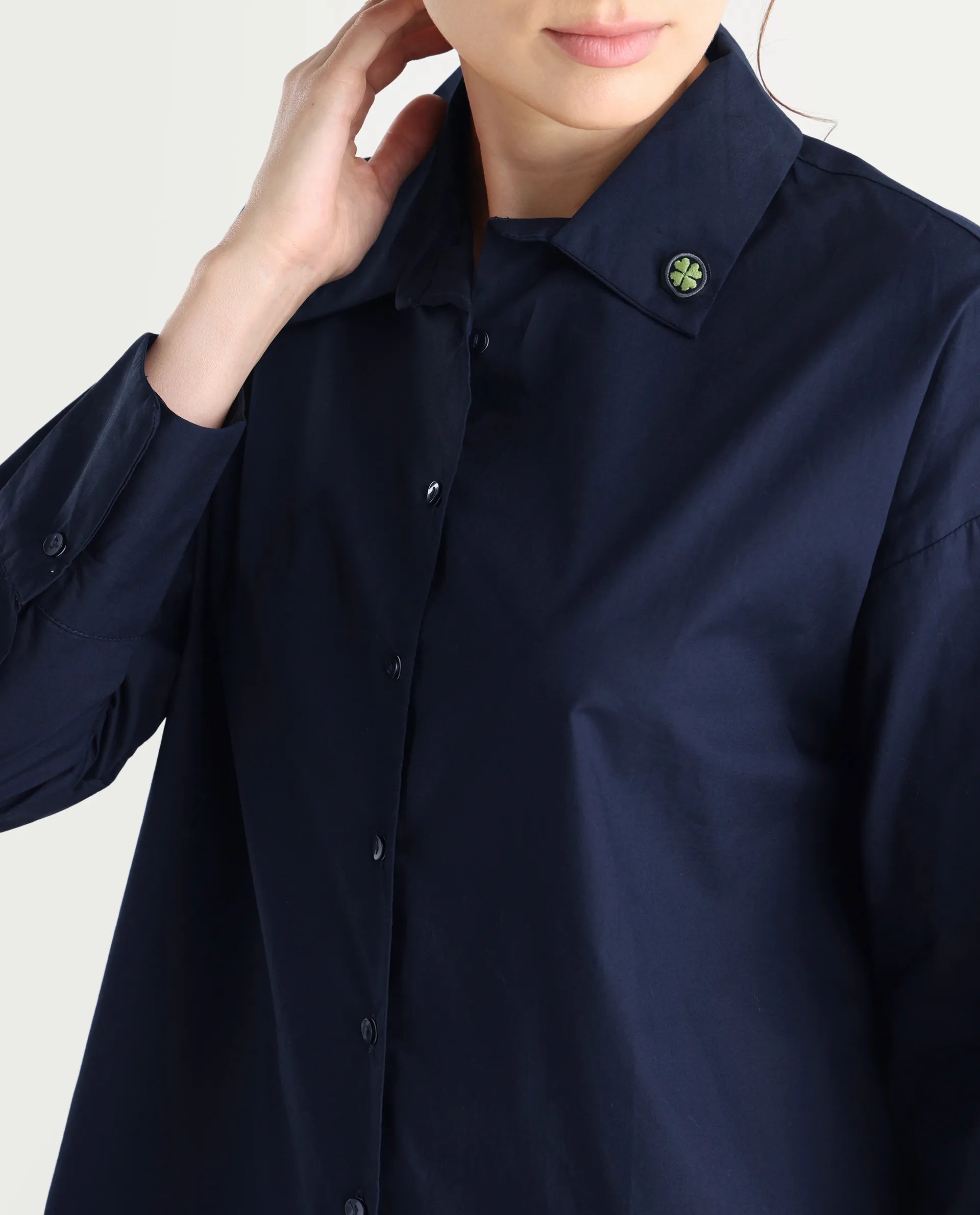 Rareism Women's Hertene Navy Cotton Drop Collar Plain Cuffed Sleeve Boxy Fit Shirt