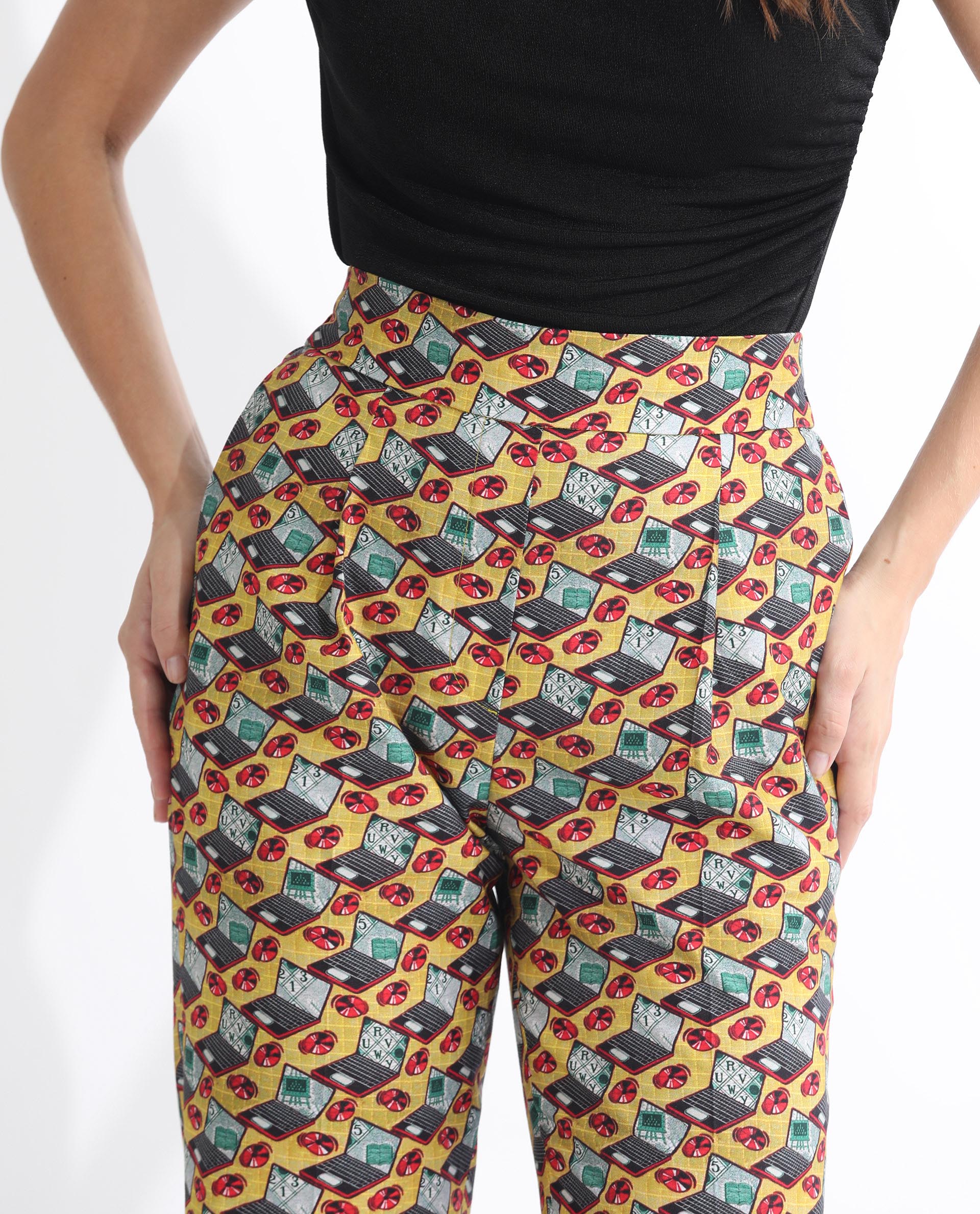 Rareism Women Hertie-B Yellow Cotton Blend Fabric Straight Fit Geometric Print Ankle Length Trousers