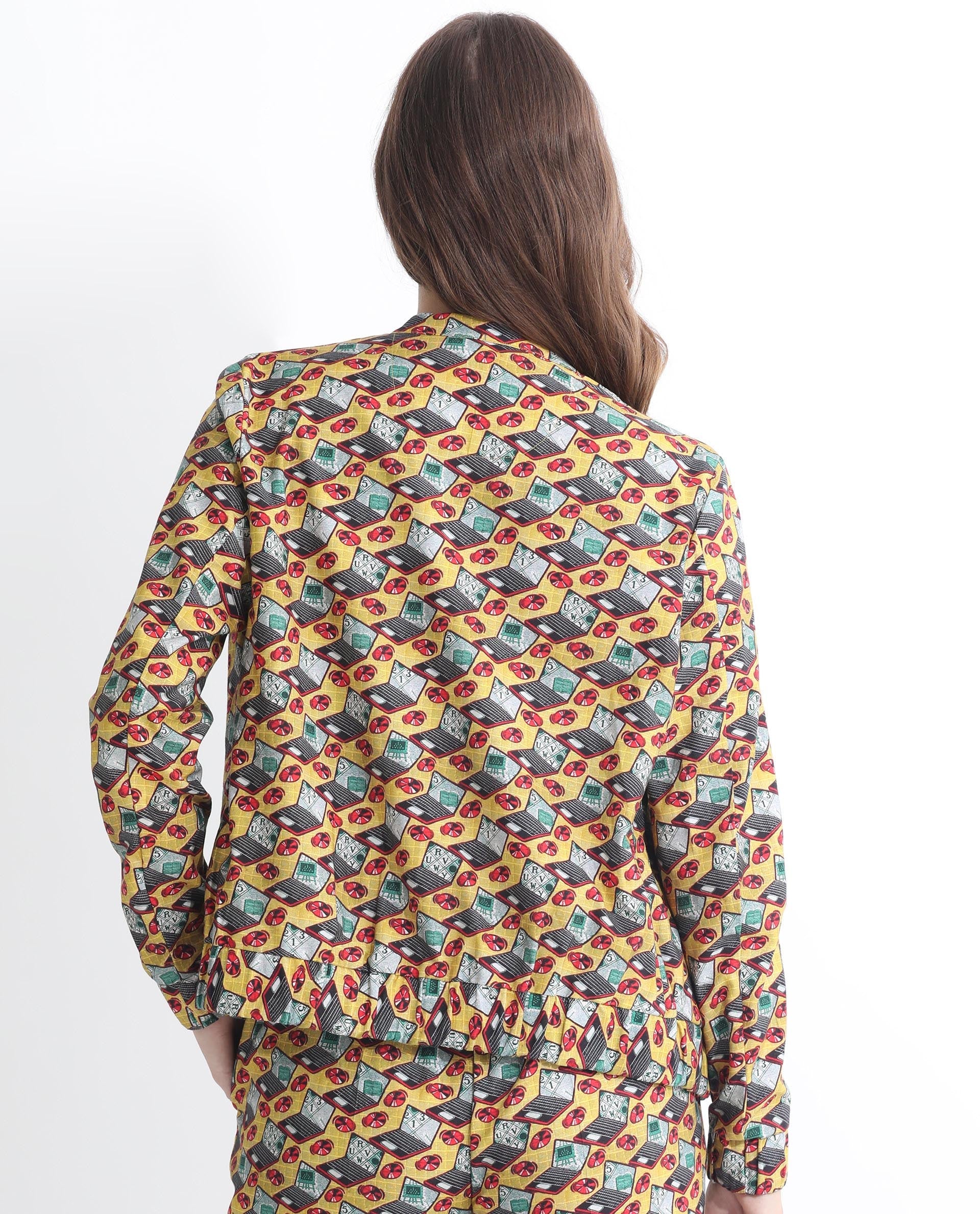 Rareism Women Hertie-T Yellow Cotton Viscose Fabric Full Sleeves Geometric Print Mandarin Collar Jacket