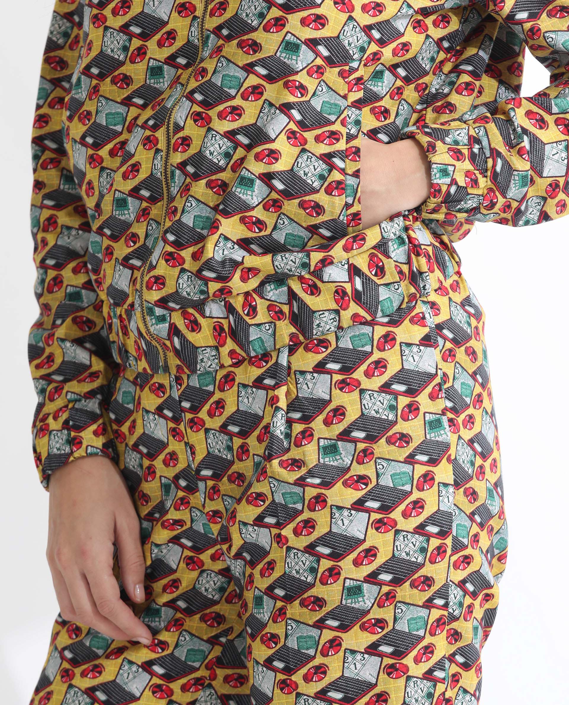 Rareism Women Hertie-T Yellow Cotton Viscose Fabric Full Sleeves Geometric Print Mandarin Collar Jacket