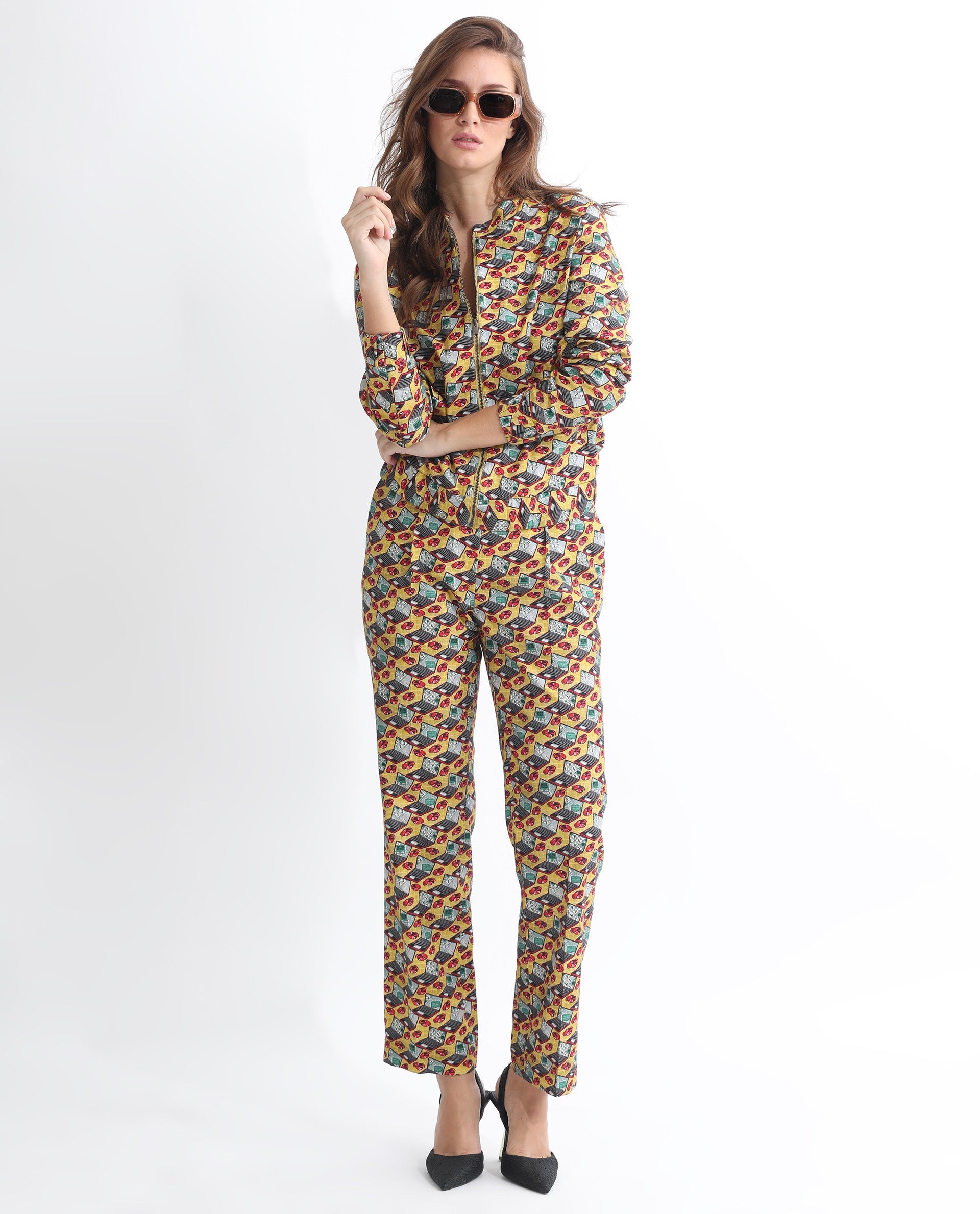 Rareism Women Hertie-T Yellow Cotton Viscose Fabric Full Sleeves Geometric Print Mandarin Collar Jacket