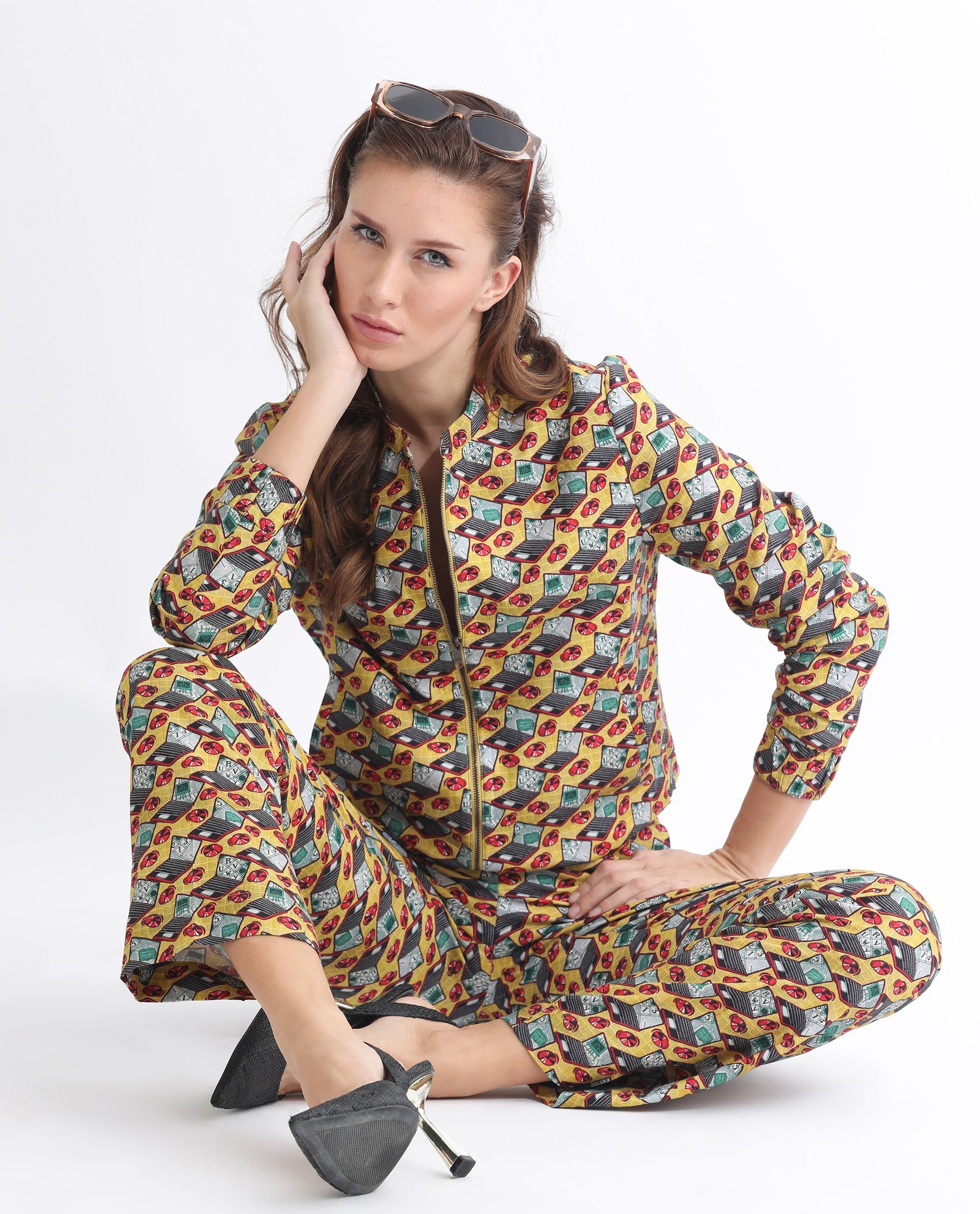 Rareism Women Hertie-T Yellow Cotton Viscose Fabric Full Sleeves Geometric Print Mandarin Collar Jacket