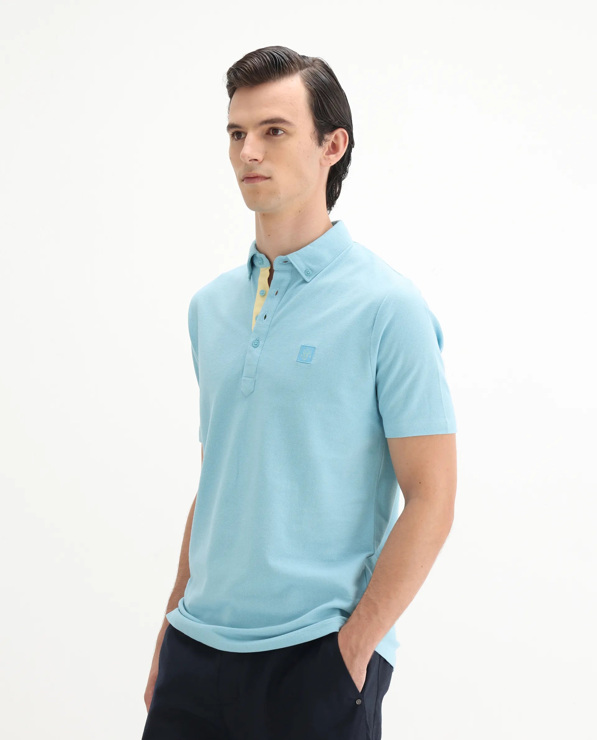 Rare Rabbit Men's Herval Light Blue Cotton Plain Regular Fit Half Sleeve Polo