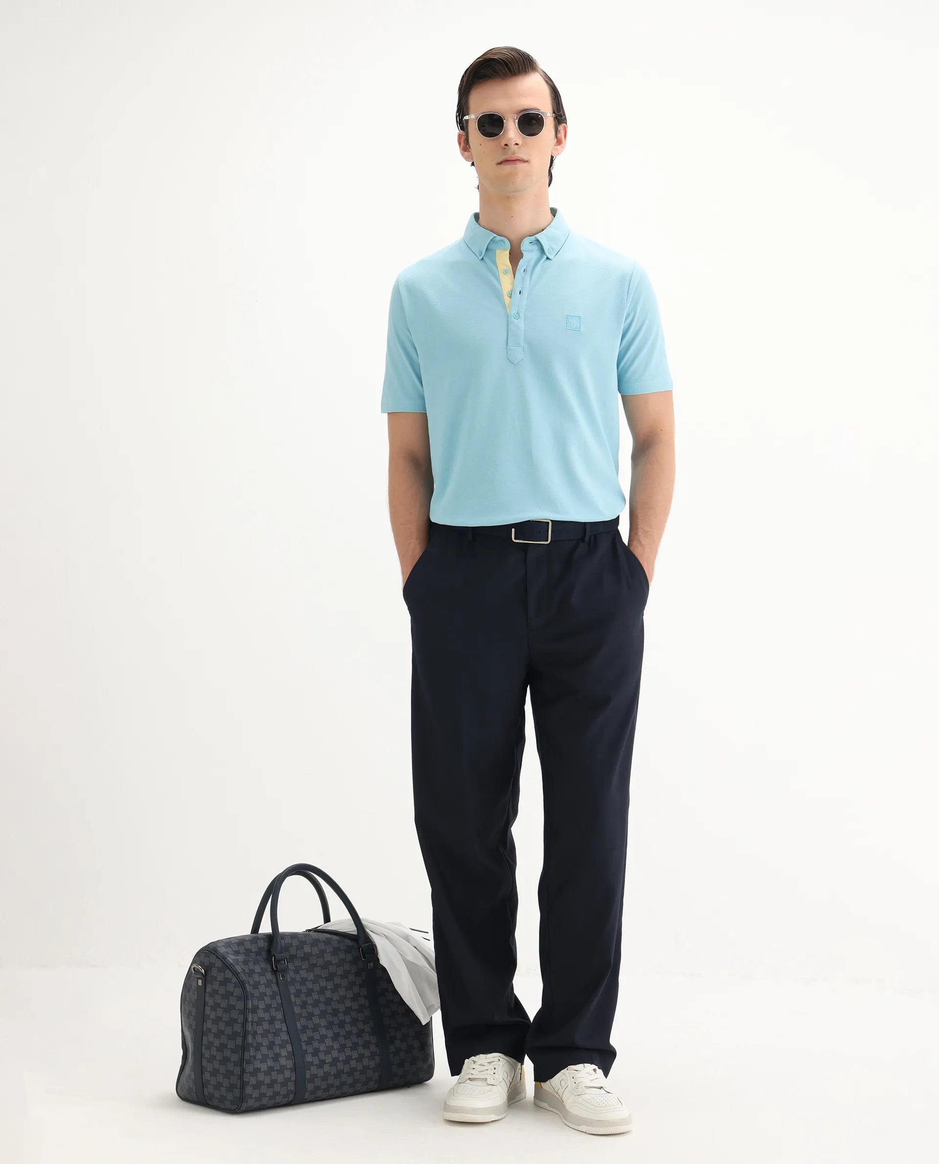 Rare Rabbit Men's Herval Light Blue Cotton Plain Regular Fit Half Sleeve Polo