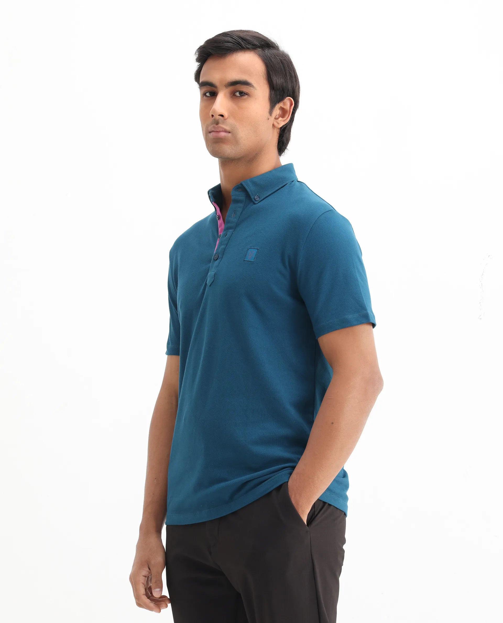 Rare Rabbit Men's Herval Blue Cotton Plain Regular Fit Half Sleeve Polo