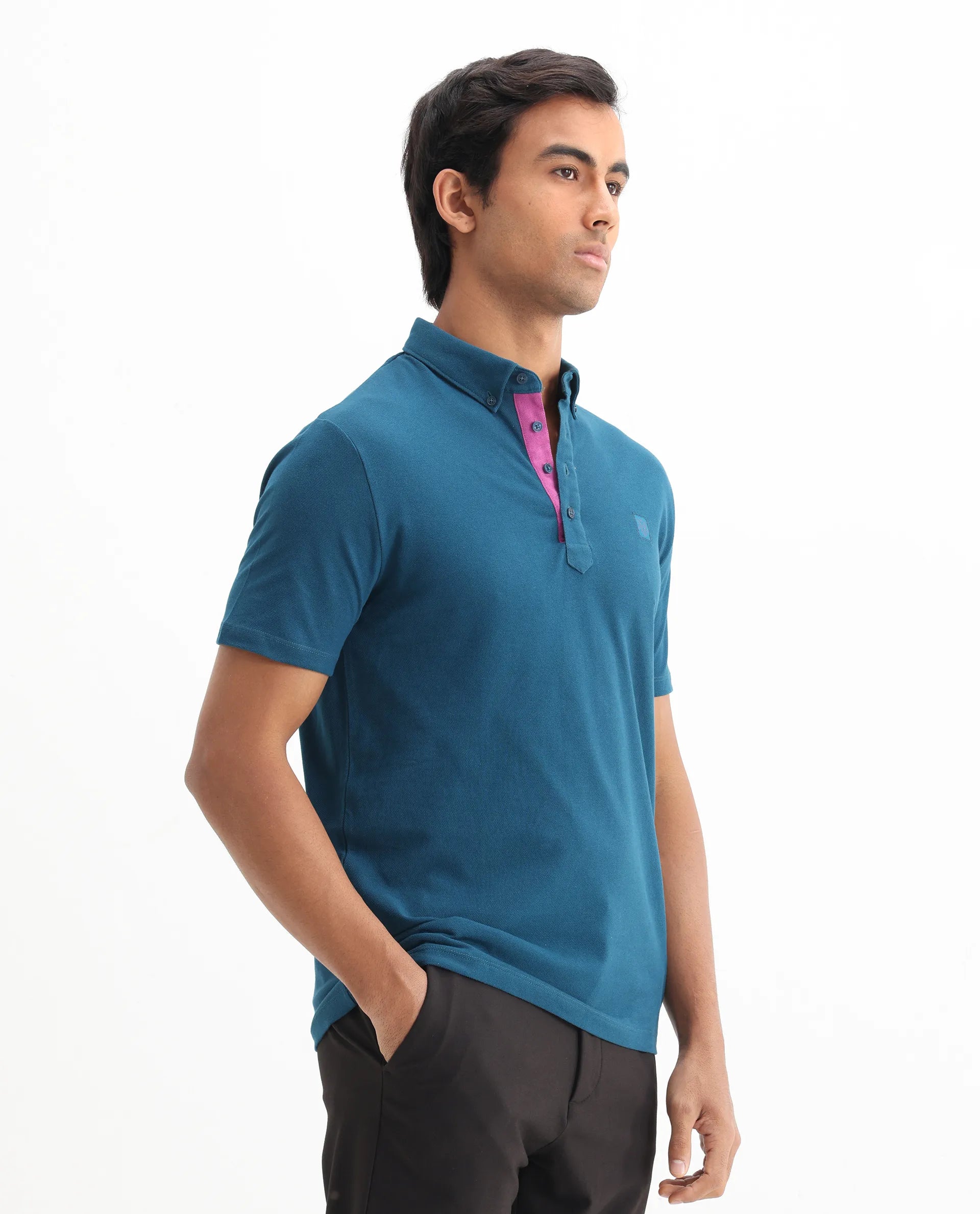 Rare Rabbit Men's Herval Blue Cotton Plain Regular Fit Half Sleeve Polo