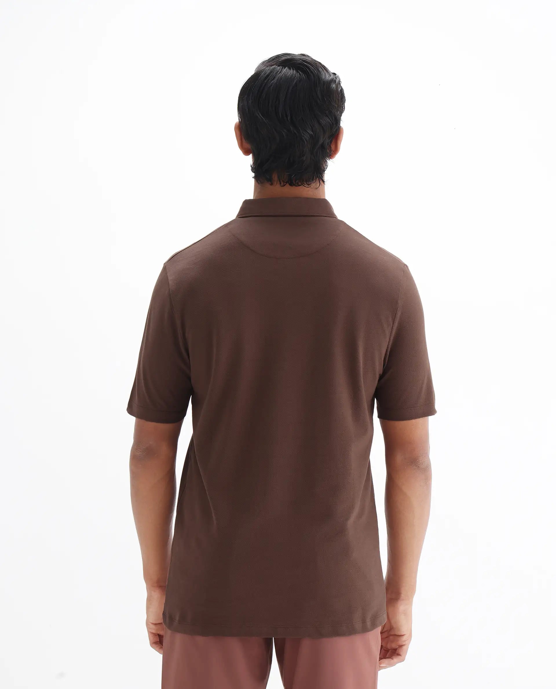 Rare Rabbit Men's Herval Dark Brown Cotton Plain Regular Fit Half Sleeve Polo