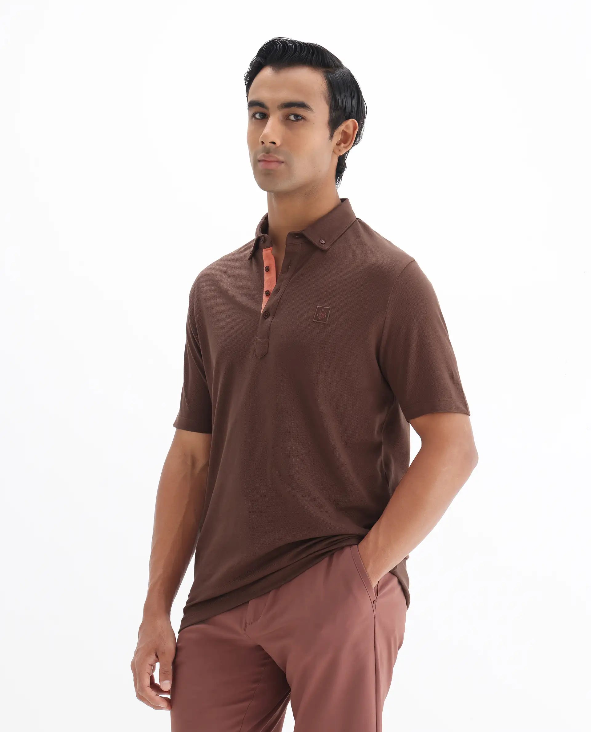 Rare Rabbit Men's Herval Dark Brown Cotton Plain Regular Fit Half Sleeve Polo