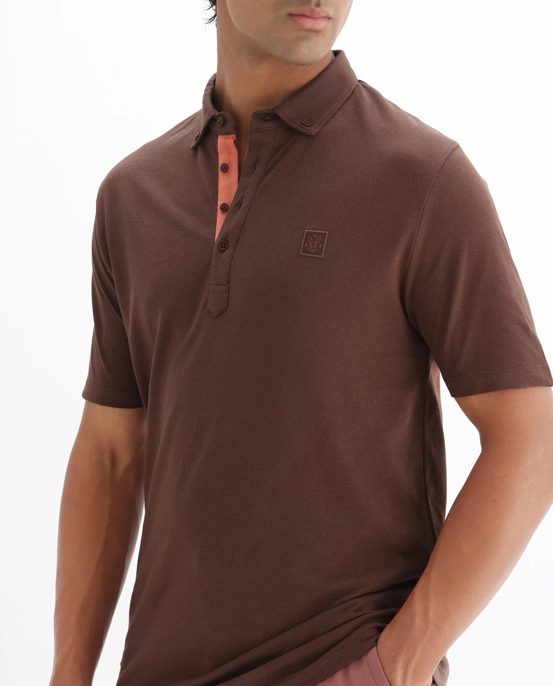 Rare Rabbit Men's Herval Dark Brown Cotton Plain Regular Fit Half Sleeve Polo
