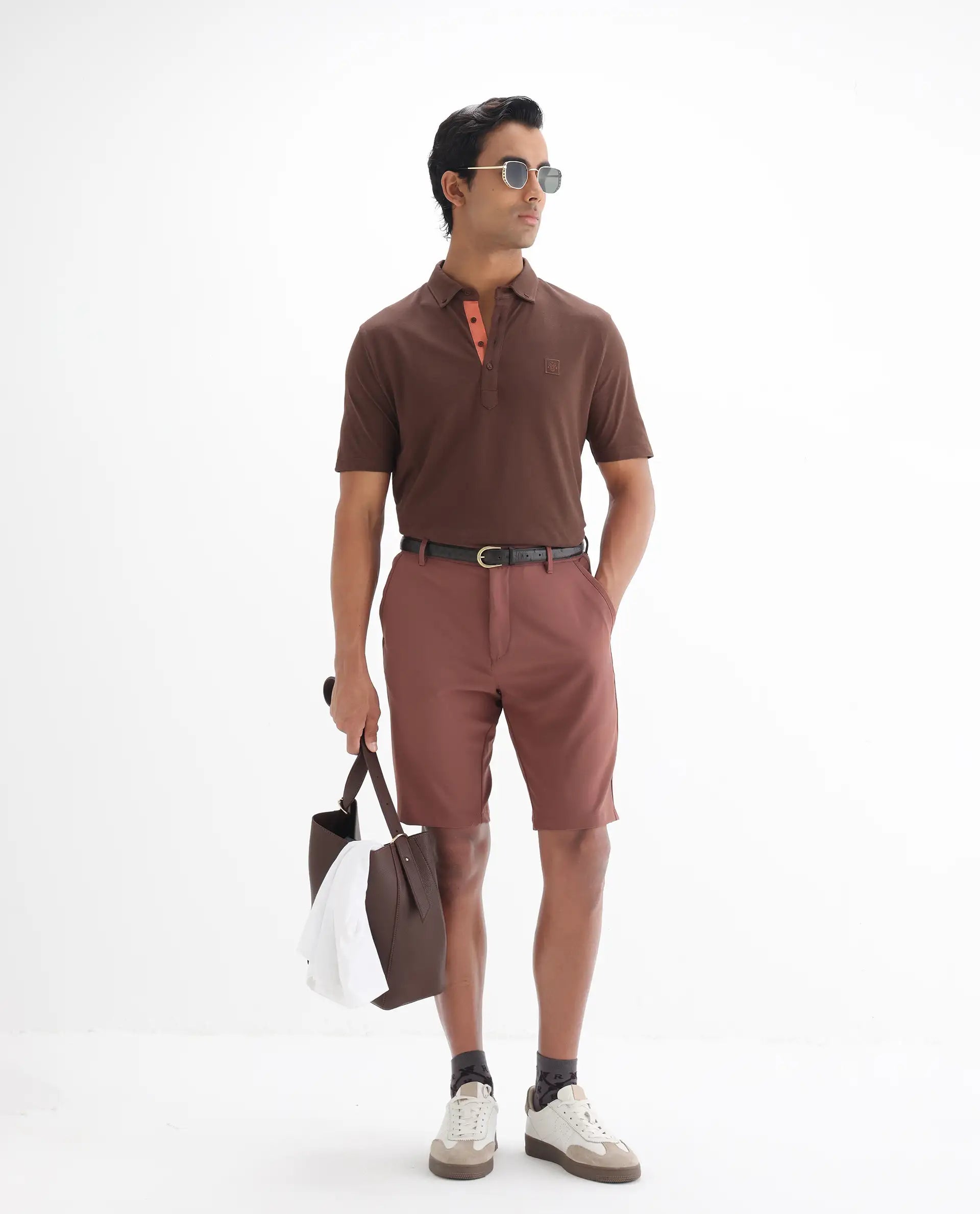 Rare Rabbit Men's Herval Dark Brown Cotton Plain Regular Fit Half Sleeve Polo