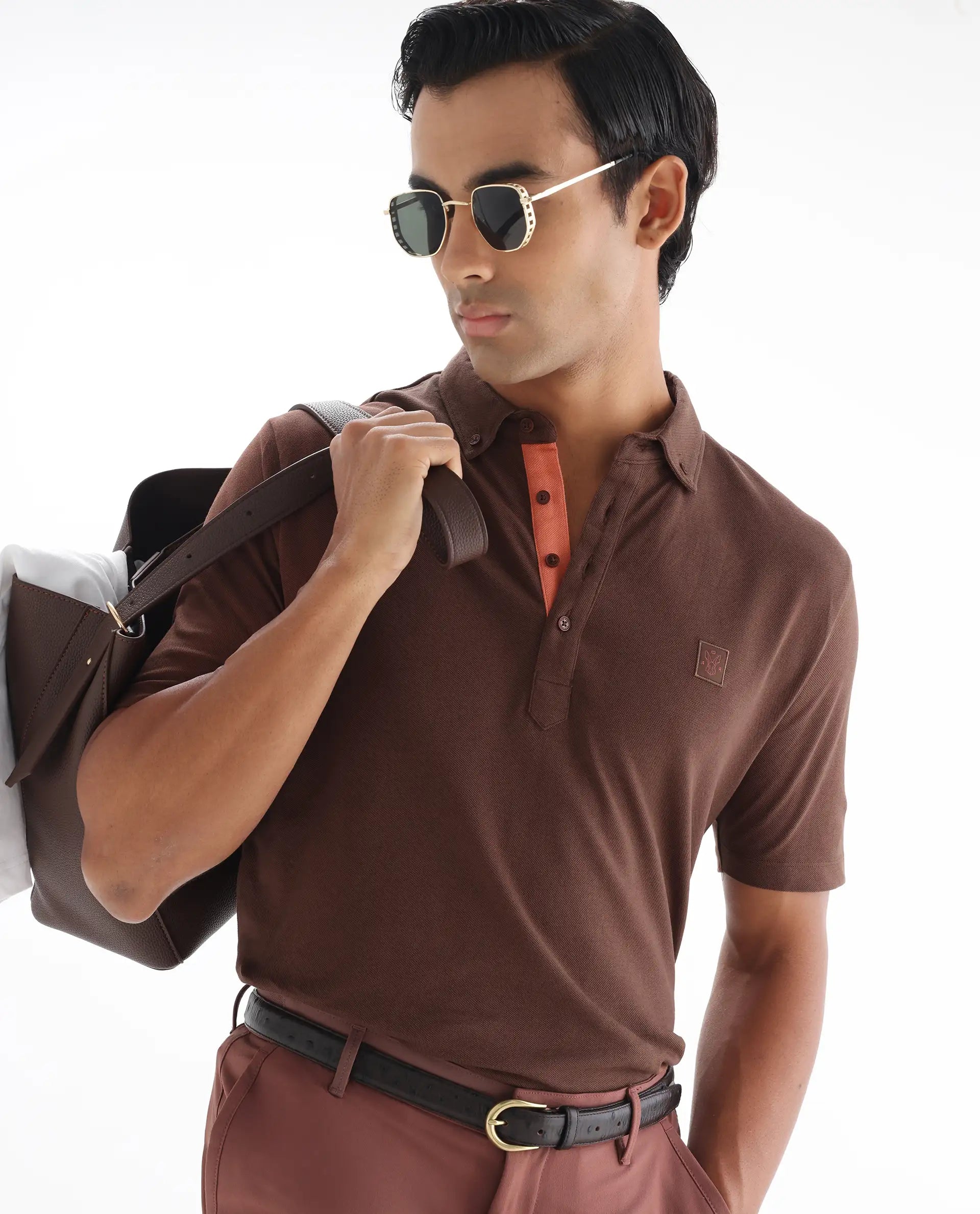 Rare Rabbit Men's Herval Dark Brown Cotton Plain Regular Fit Half Sleeve Polo