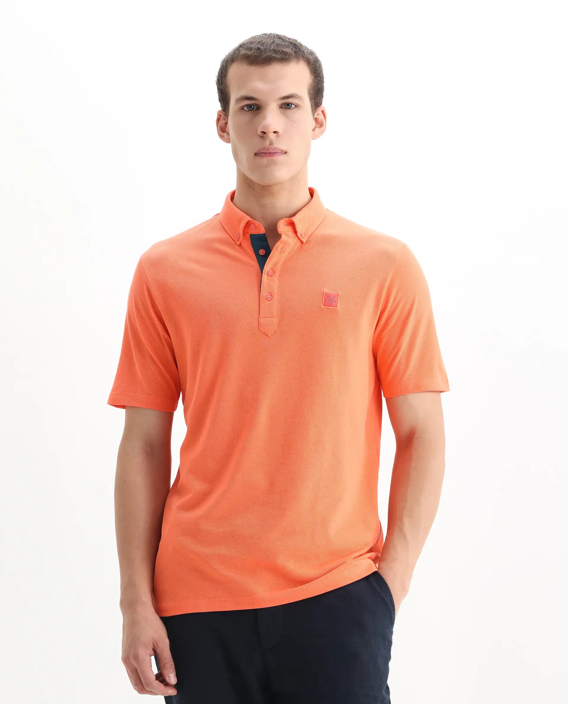 Rare Rabbit Men's Herval Dark Peach Cotton Plain Regular Fit Half Sleeve Polo