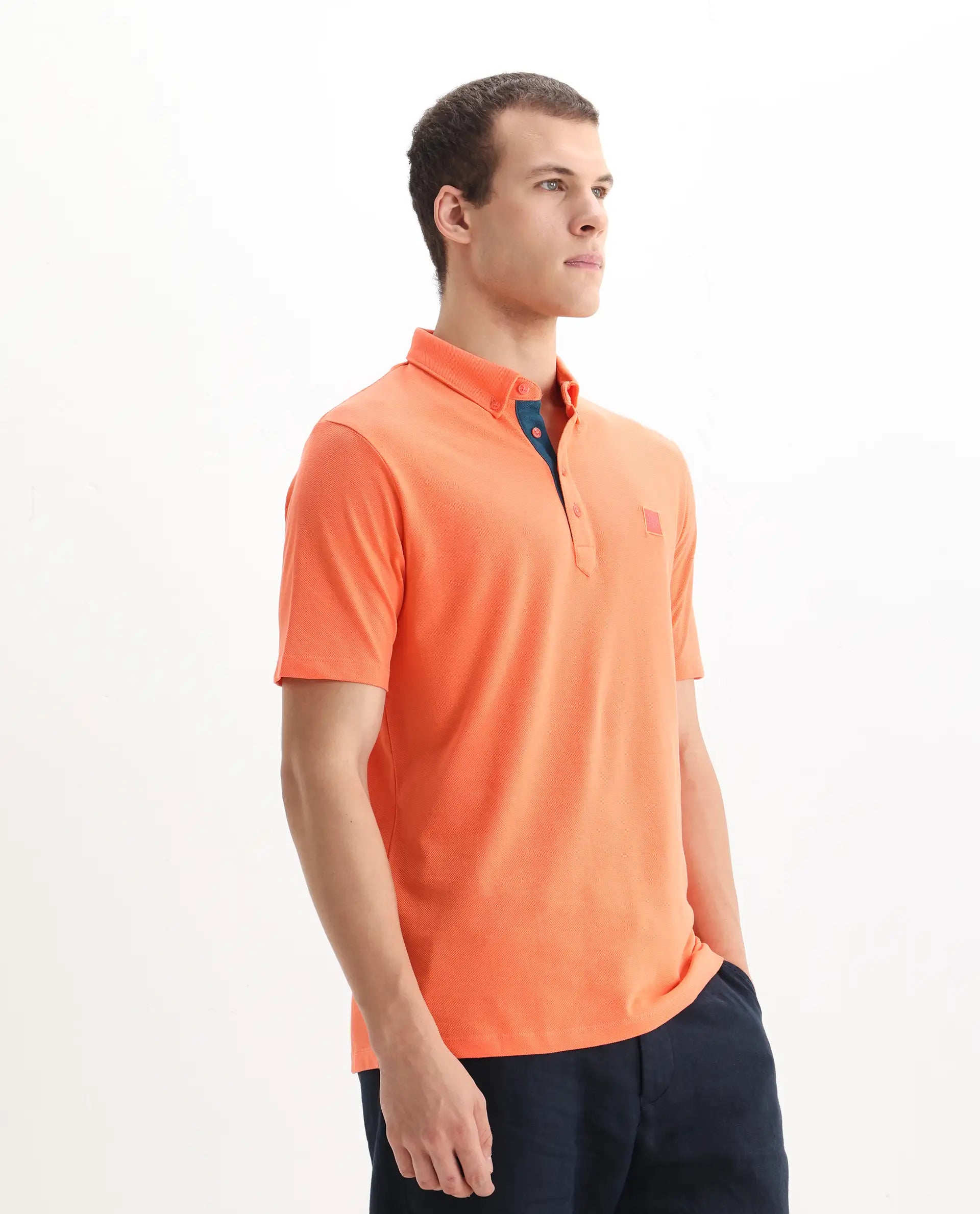 Rare Rabbit Men's Herval Dark Peach Cotton Plain Regular Fit Half Sleeve Polo