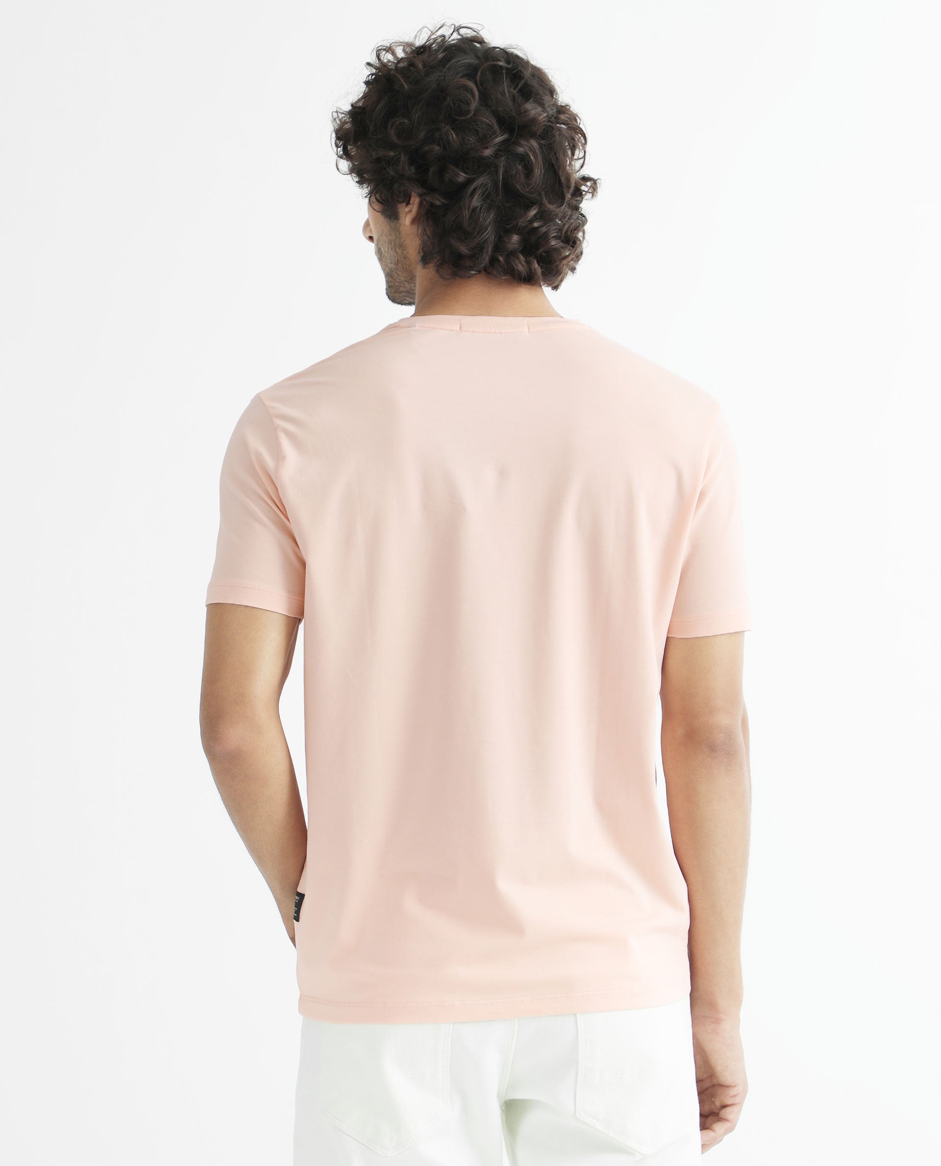 Rare Rabbit Men's Hew Peach Crew Neck HD Studded Logo With Signature Branding Half Sleeves Slim Fit T-Shirt