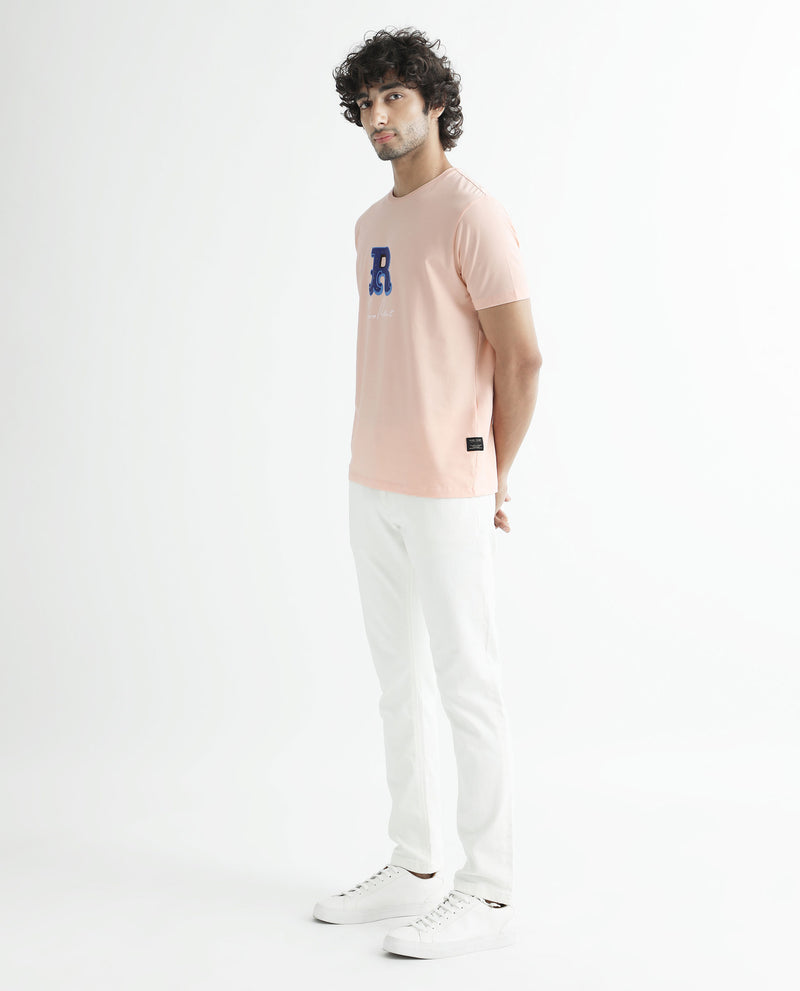 Rare Rabbit Men's Hew Peach Crew Neck HD Studded Logo With Signature Branding Half Sleeves Slim Fit T-Shirt
