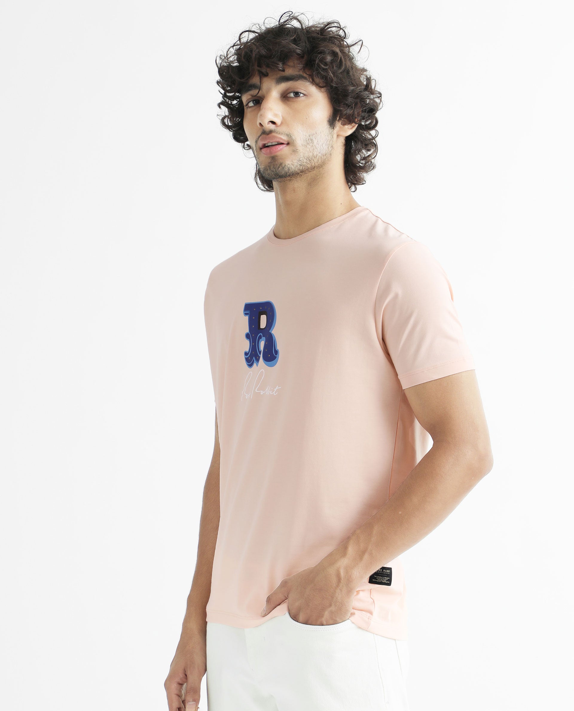Rare Rabbit Men's Hew Peach Crew Neck HD Studded Logo With Signature Branding Half Sleeves Slim Fit T-Shirt