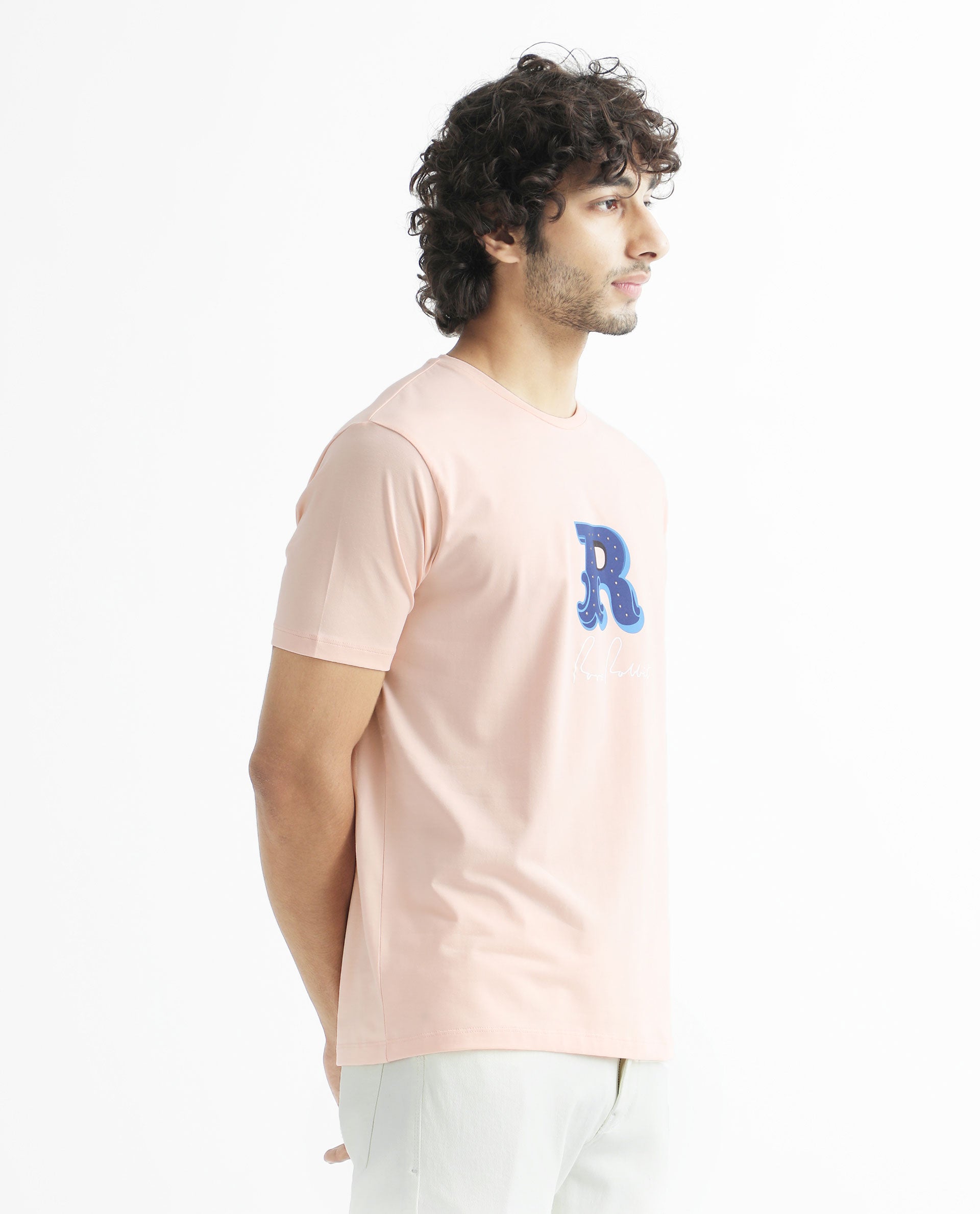 Rare Rabbit Men's Hew Peach Crew Neck HD Studded Logo With Signature Branding Half Sleeves Slim Fit T-Shirt