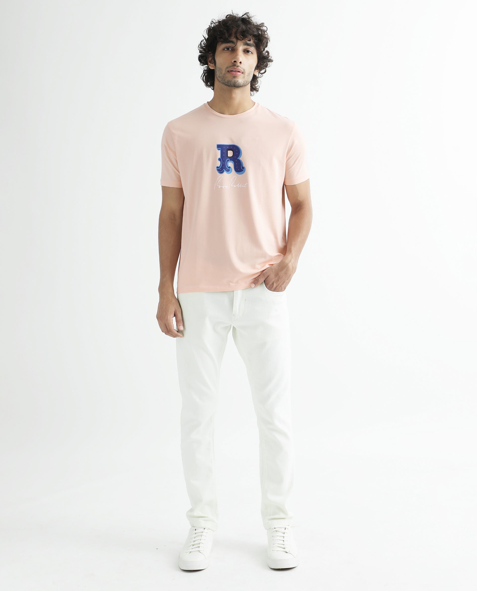 Rare Rabbit Men's Hew Peach Crew Neck HD Studded Logo With Signature Branding Half Sleeves Slim Fit T-Shirt