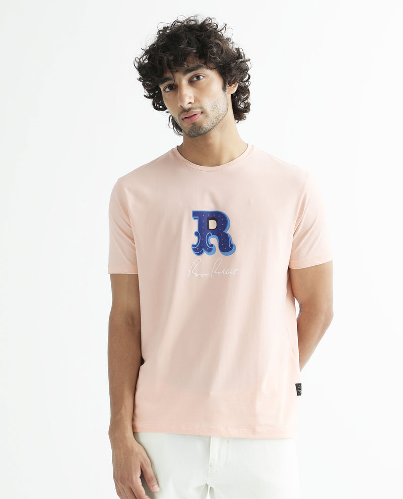 Rare Rabbit Men's Hew Peach Crew Neck HD Studded Logo With Signature Branding Half Sleeves Slim Fit T-Shirt