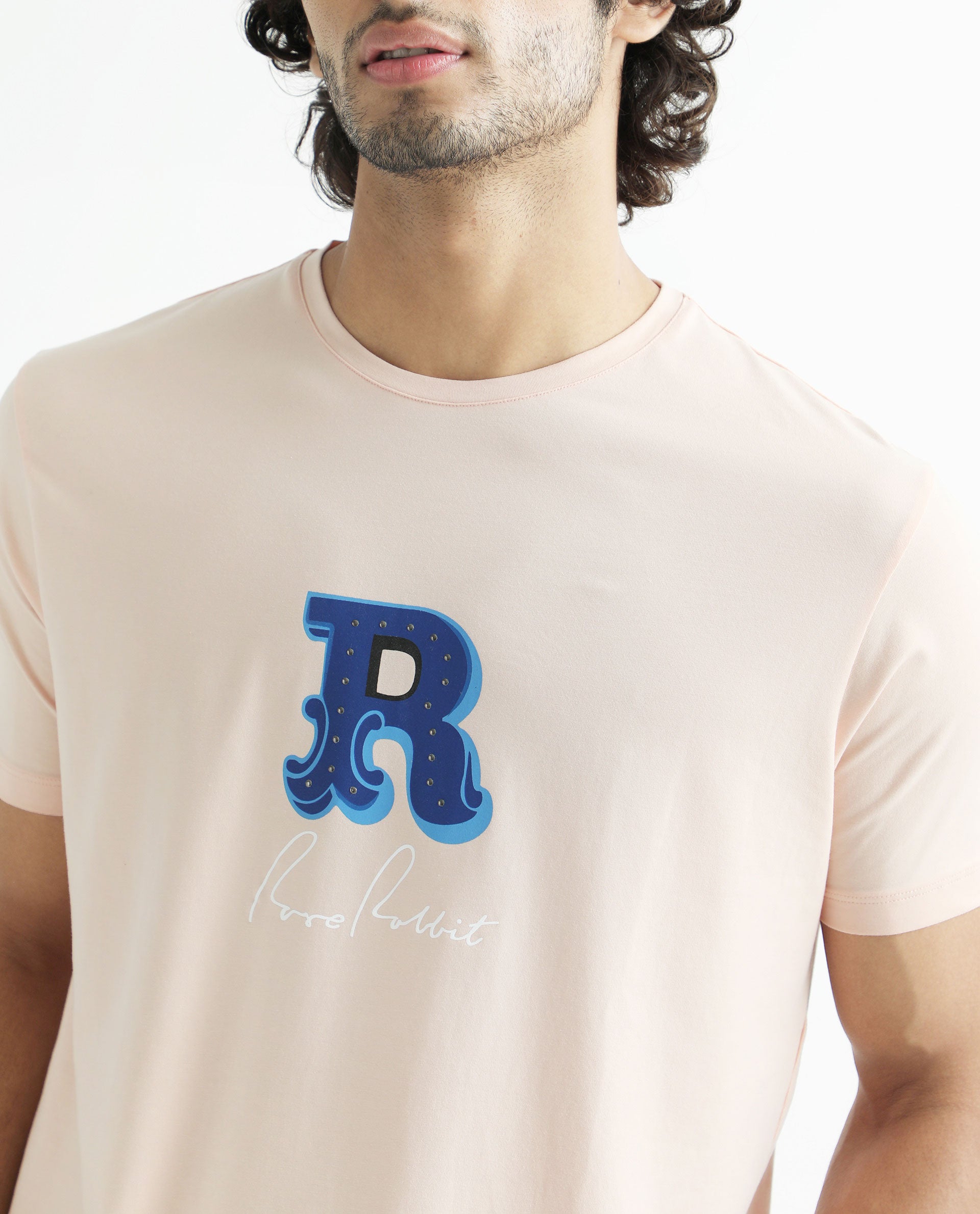 Rare Rabbit Men's Hew Peach Crew Neck HD Studded Logo With Signature Branding Half Sleeves Slim Fit T-Shirt