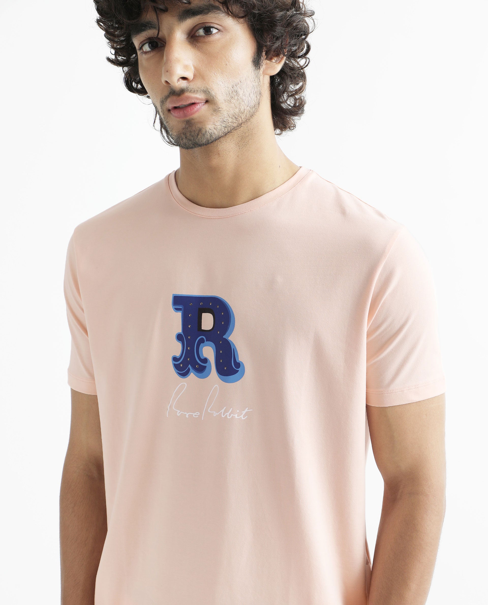 Rare Rabbit Men's Hew Peach Crew Neck HD Studded Logo With Signature Branding Half Sleeves Slim Fit T-Shirt